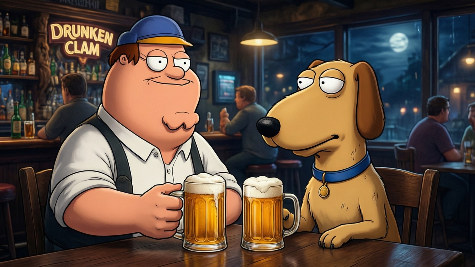 Peter Griffin og Brian drikker sammen på baren