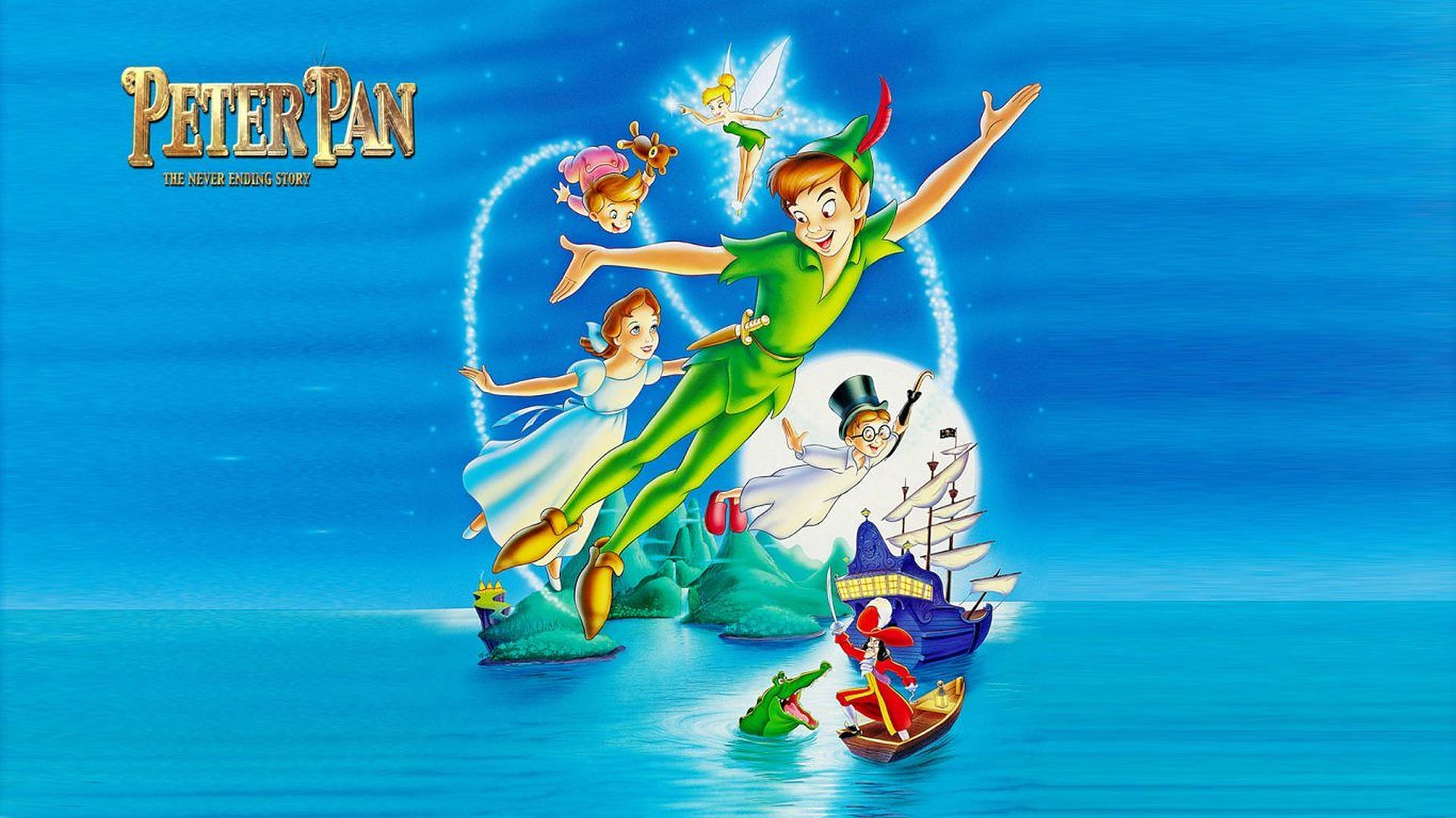 Peter Pan Blå Poster Tapet: En poster tapet med Peter Pan mønster med blek blå finish. Wallpaper