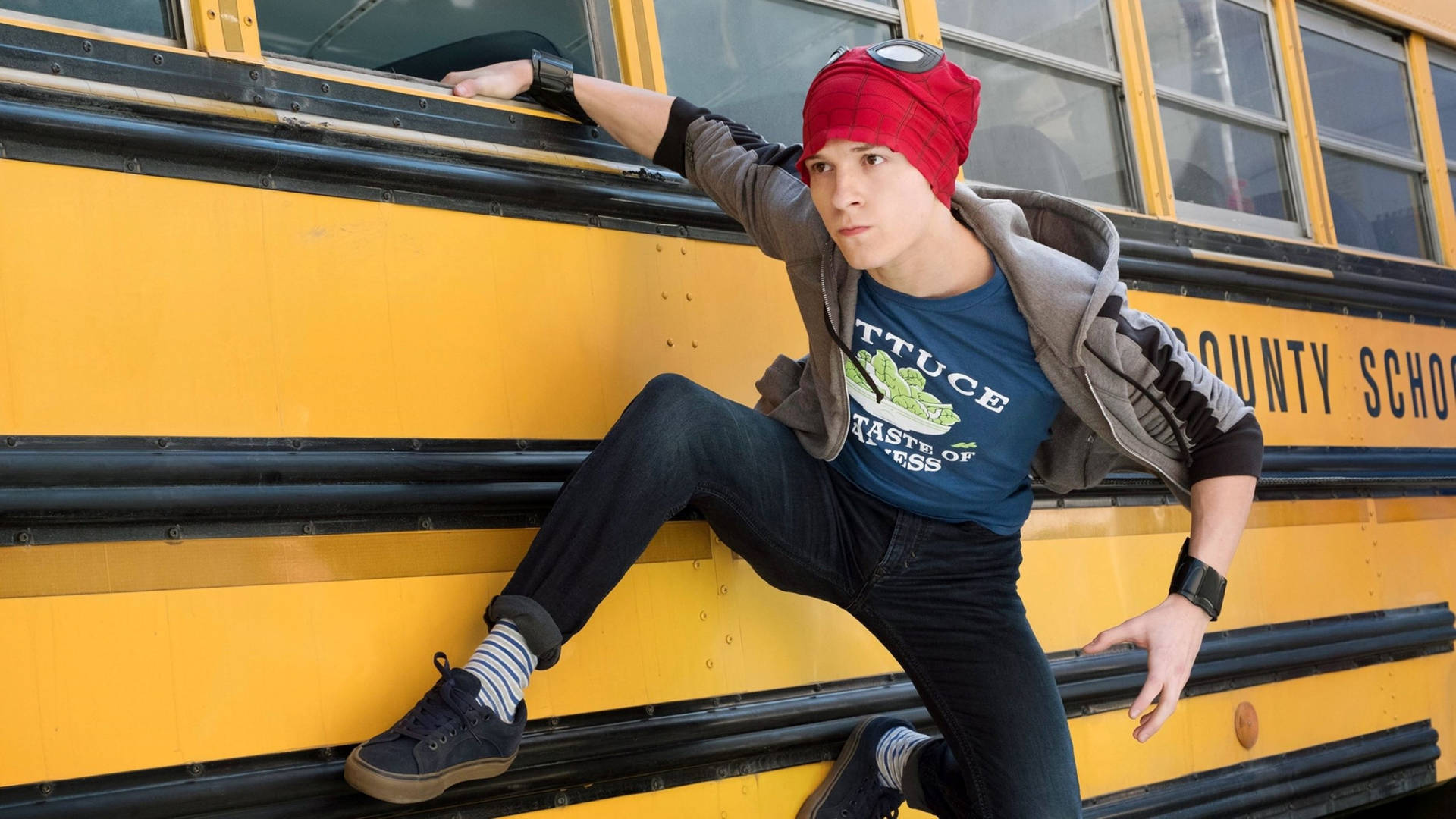 Peter Parker på en skolebus. Wallpaper