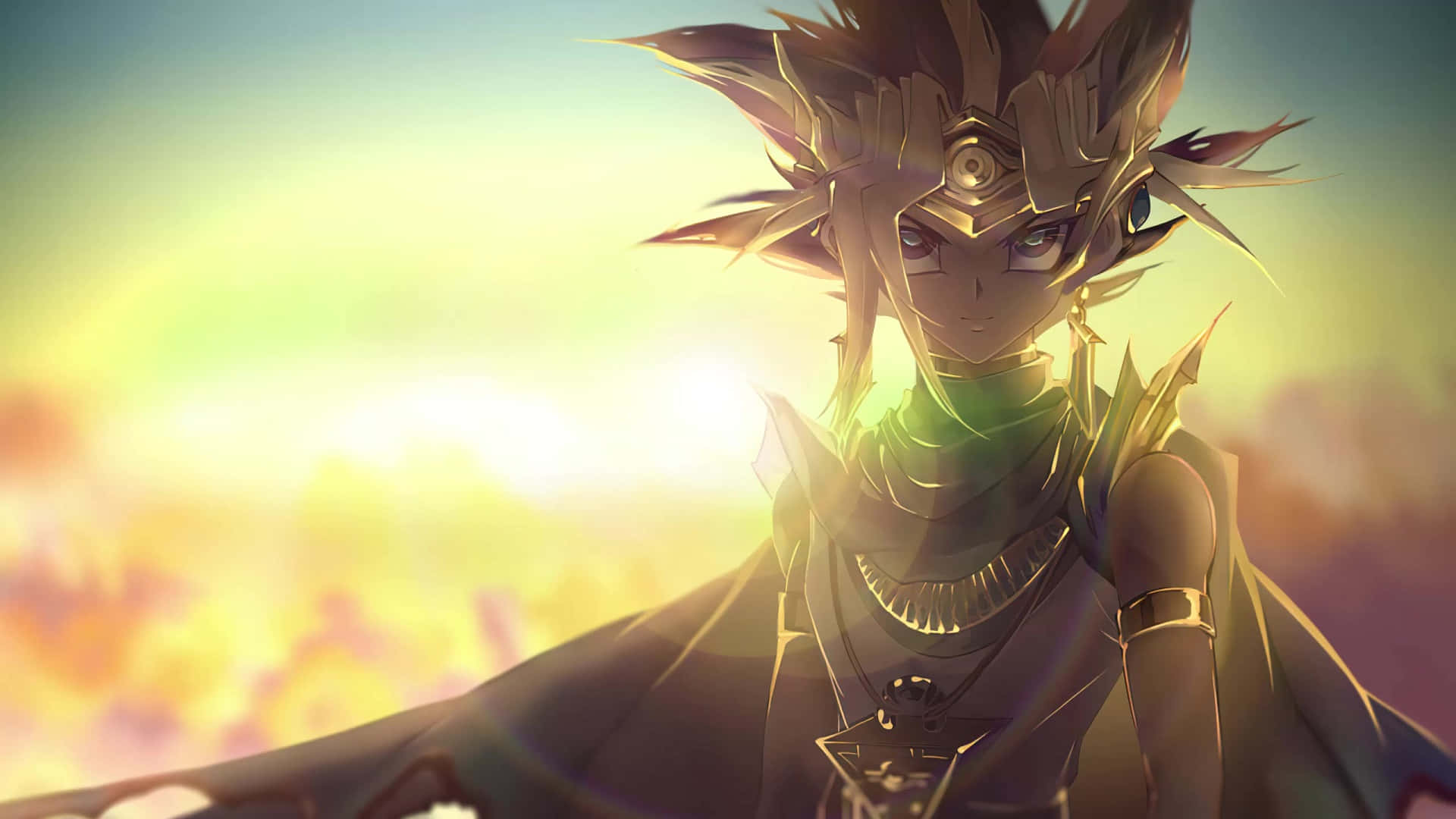 Pharaoh Atem standing tall against a dark and majestic backdrop Wallpaper