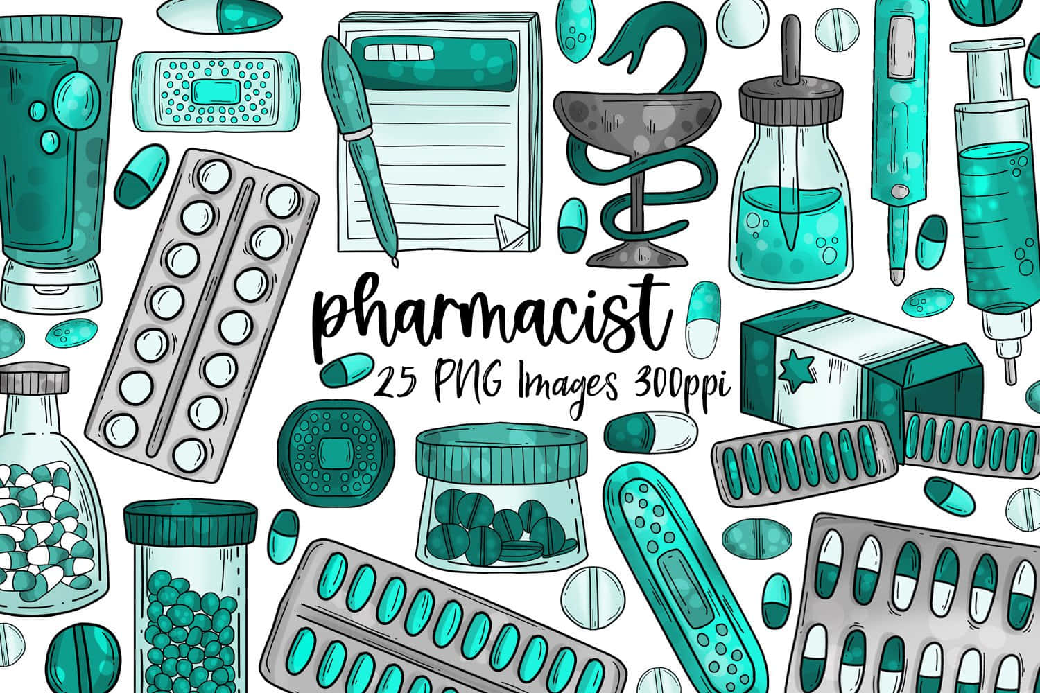 A Collection Of Medical Items In A Turquoise Color