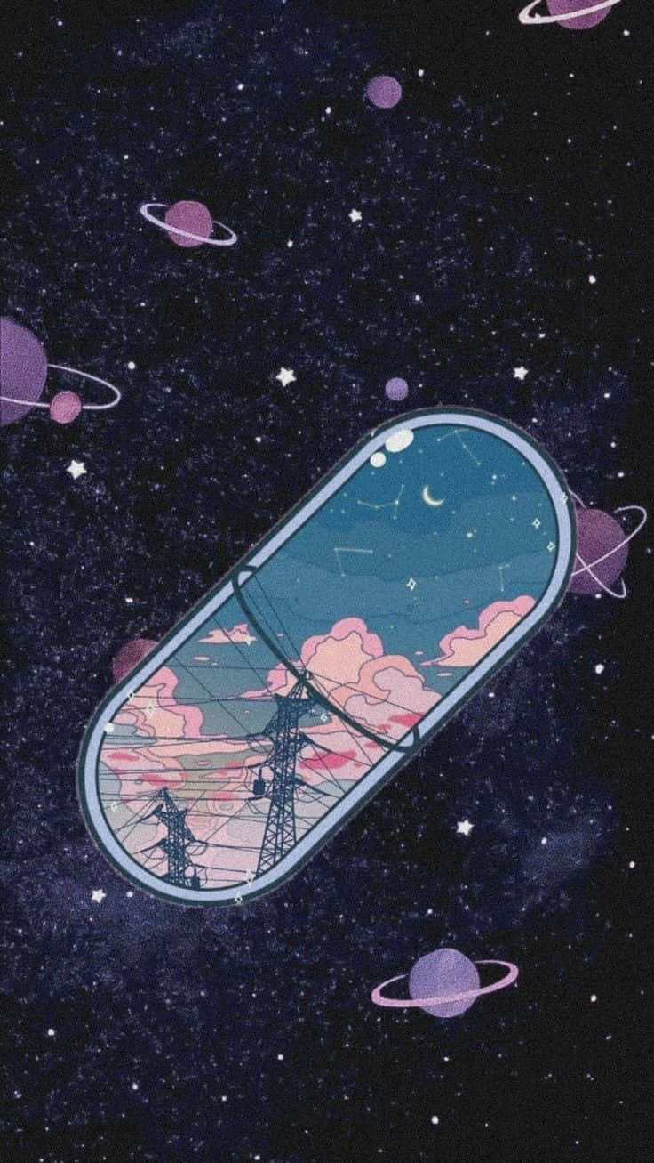 A Pill In Space With Stars And Planets