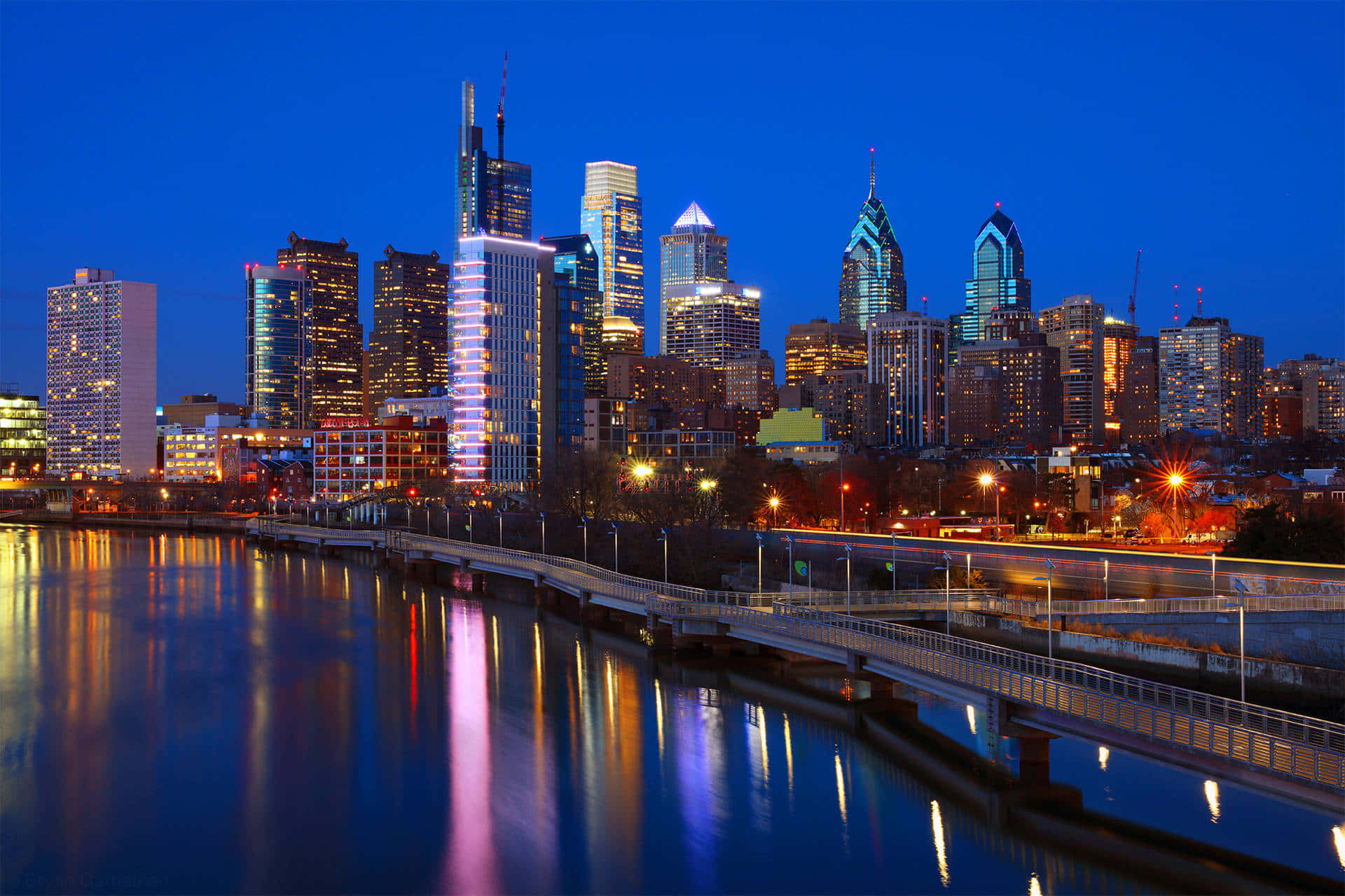 Philadelphia Skyline With Night Reflection Wallpaper