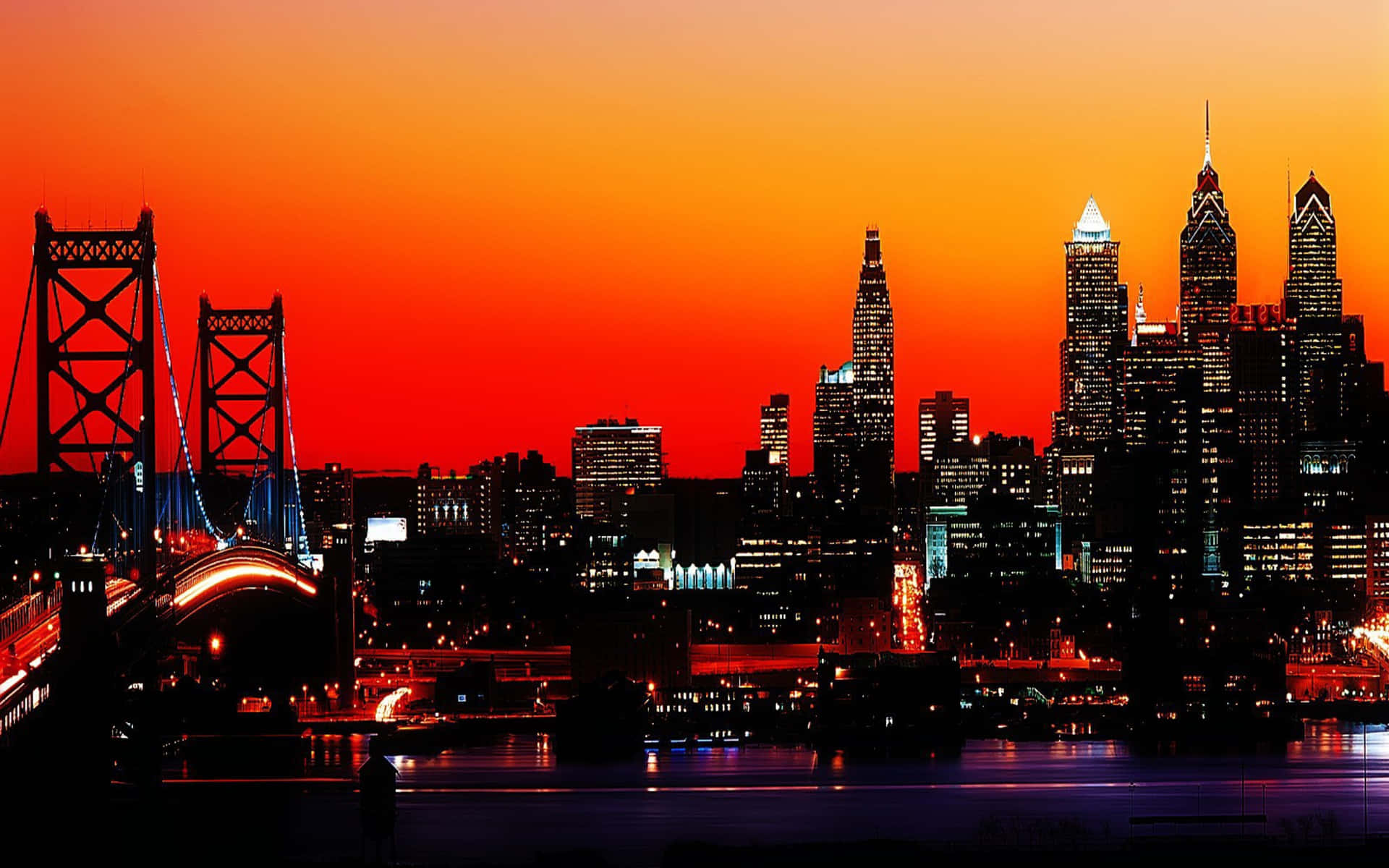 Philadelphia Skyline With Red Orange Sky Wallpaper