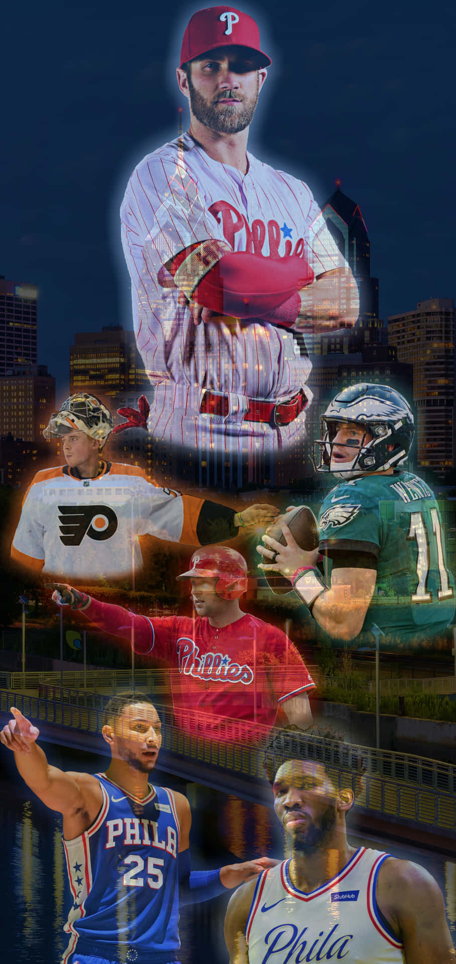 A Collage Of Baseball Players In A City Wallpaper