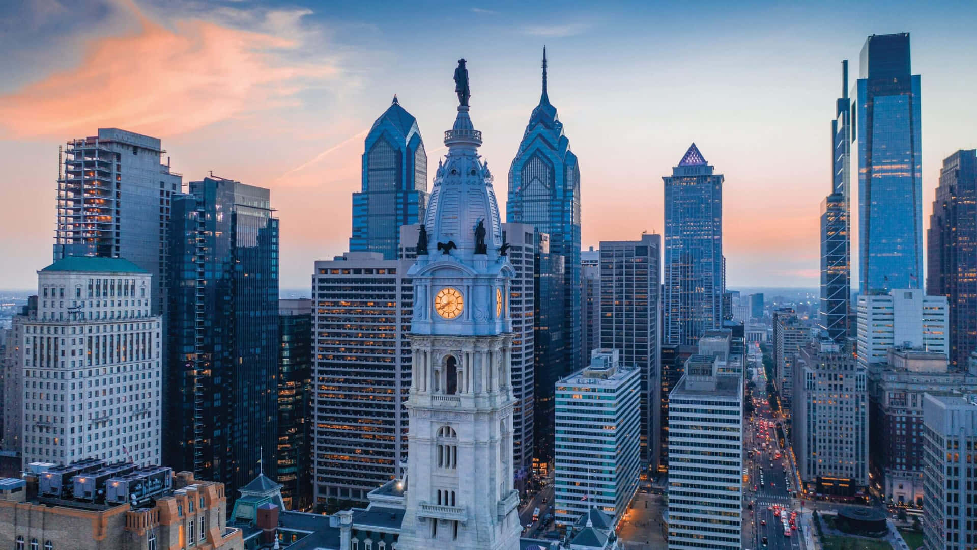 The Philadelphia skyline at dusk Wallpaper