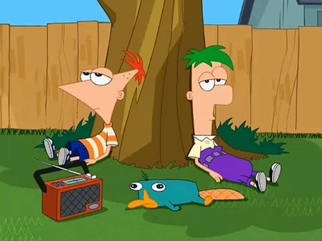 Phineas and Ferb posing with their cool inventions in a fun-filled backyard scene