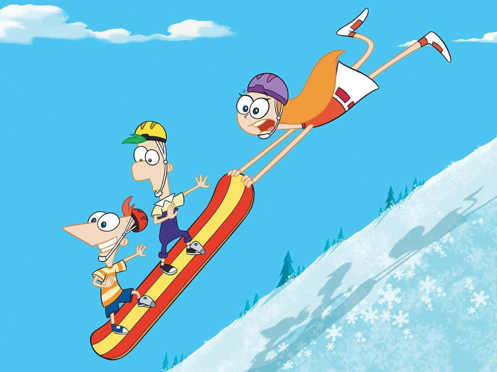 Phineas and Ferb having fun with their friends in front of their iconic treehouse