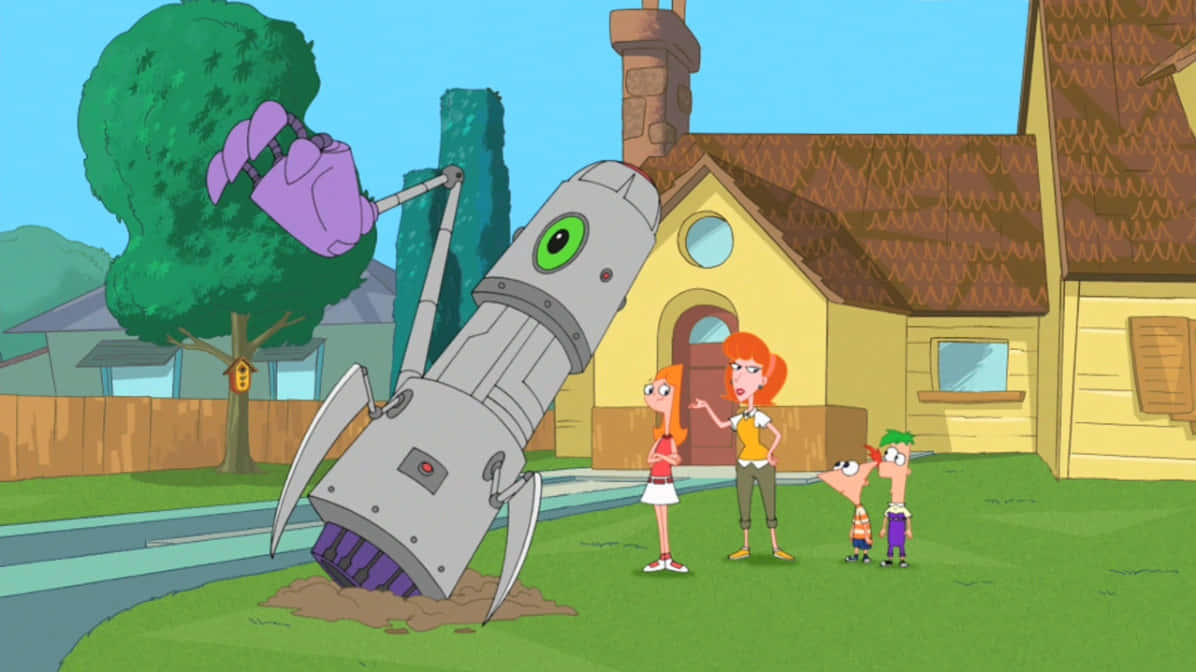 Phineas and Ferb exploring the outdoors with friends in their memorable adventure scene.