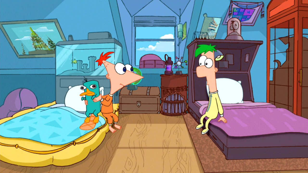 Phineas and Ferb posing with their friends on a sunny day.