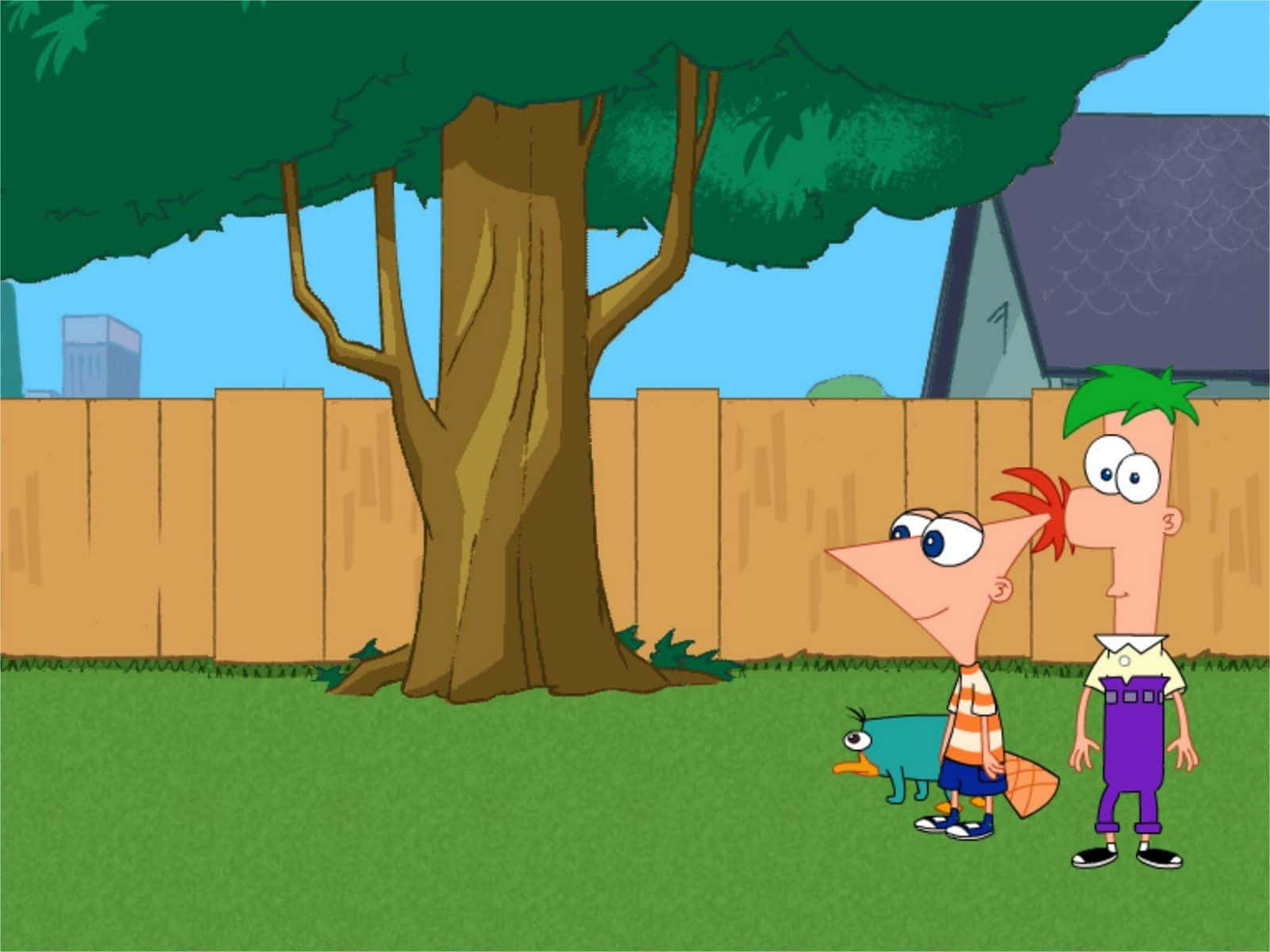 Phineas and Ferb enjoying a fun day together in their colorful and lively world