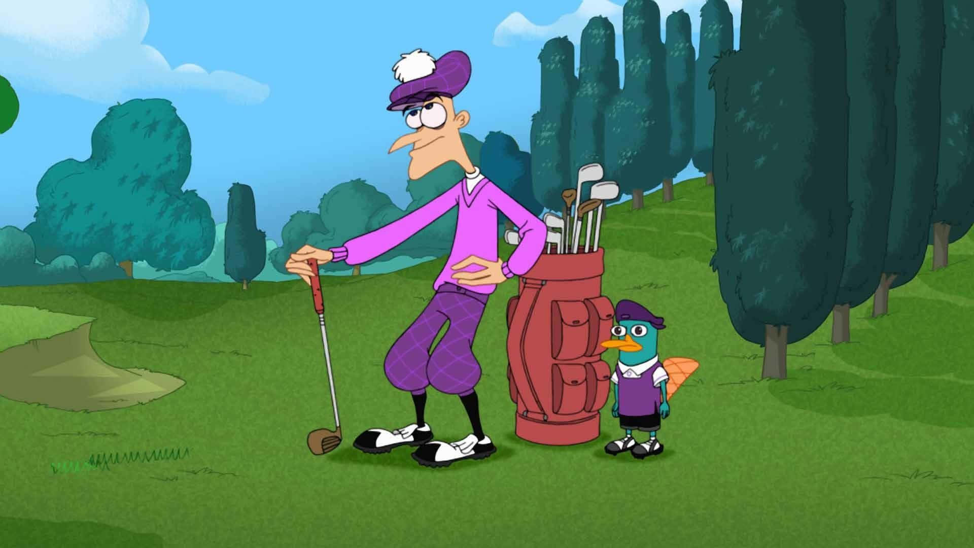 Phineas and Ferb surrounded by their friends in a colorful background