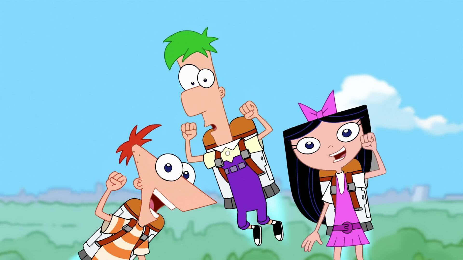 Phineas and Ferb enjoying a fun adventure together in their colorful world.