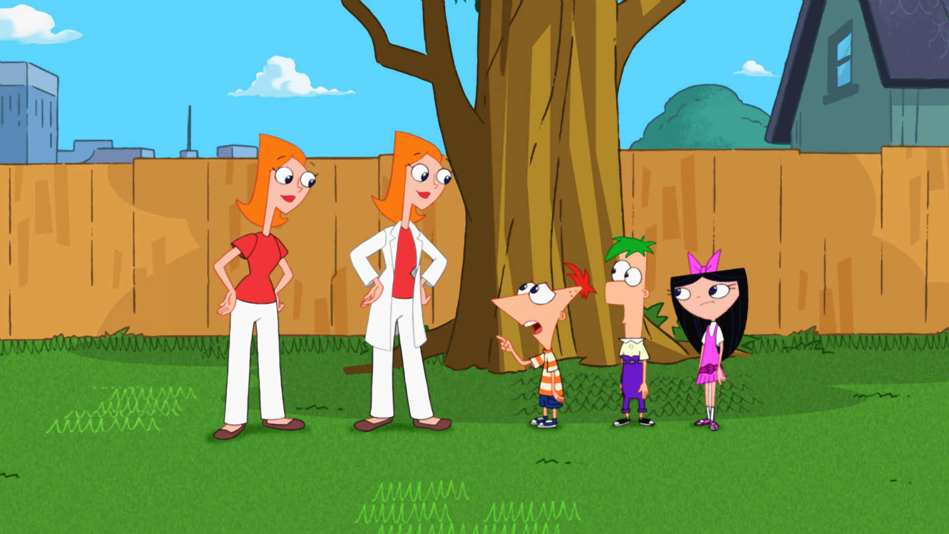Phineas and Ferb with friends on a summer adventure in their backyard