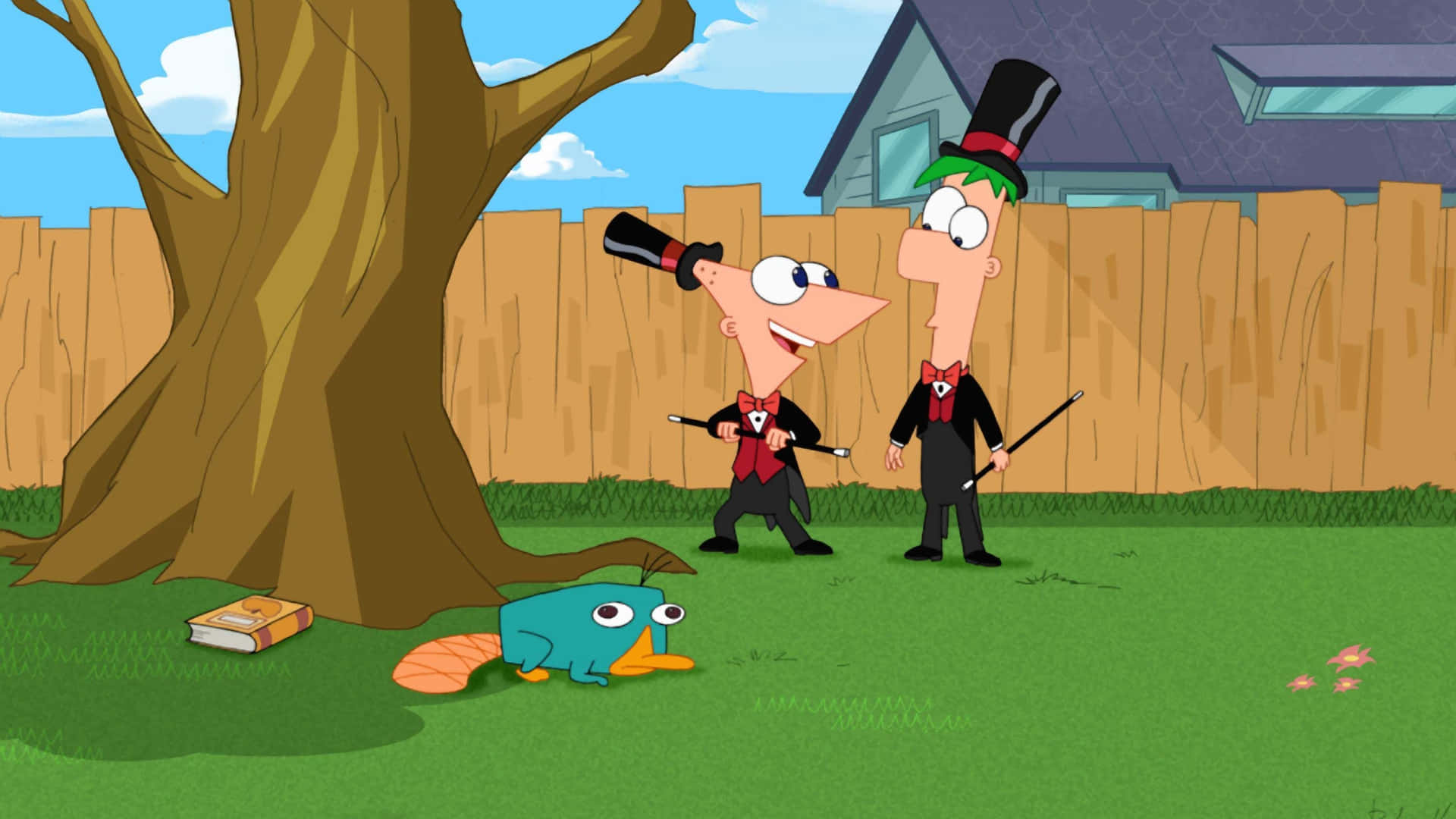 Phineas and Ferb enjoying a sunny day outdoors with friends