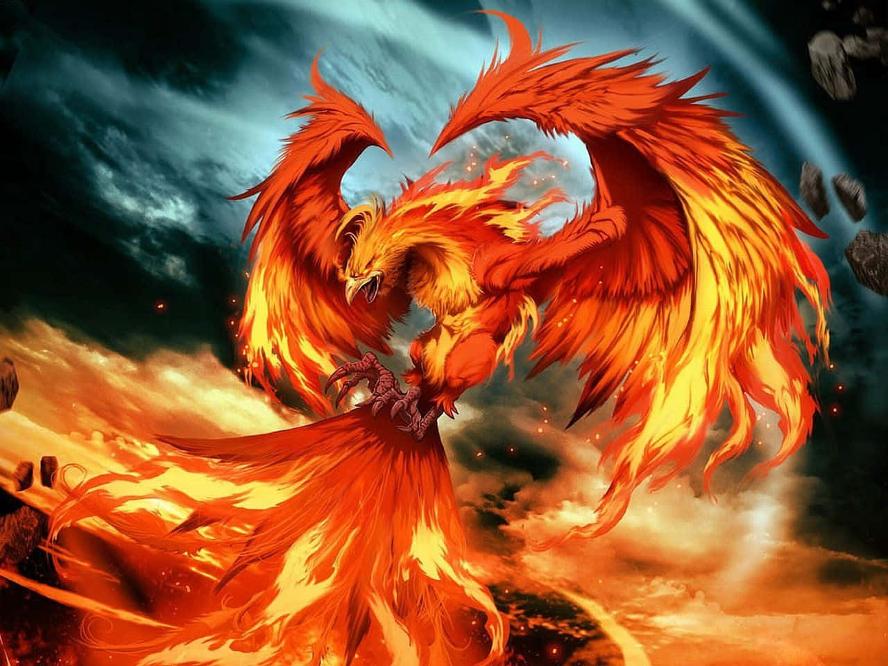 Download a fiery phoenix flying in the sky | Wallpapers.com