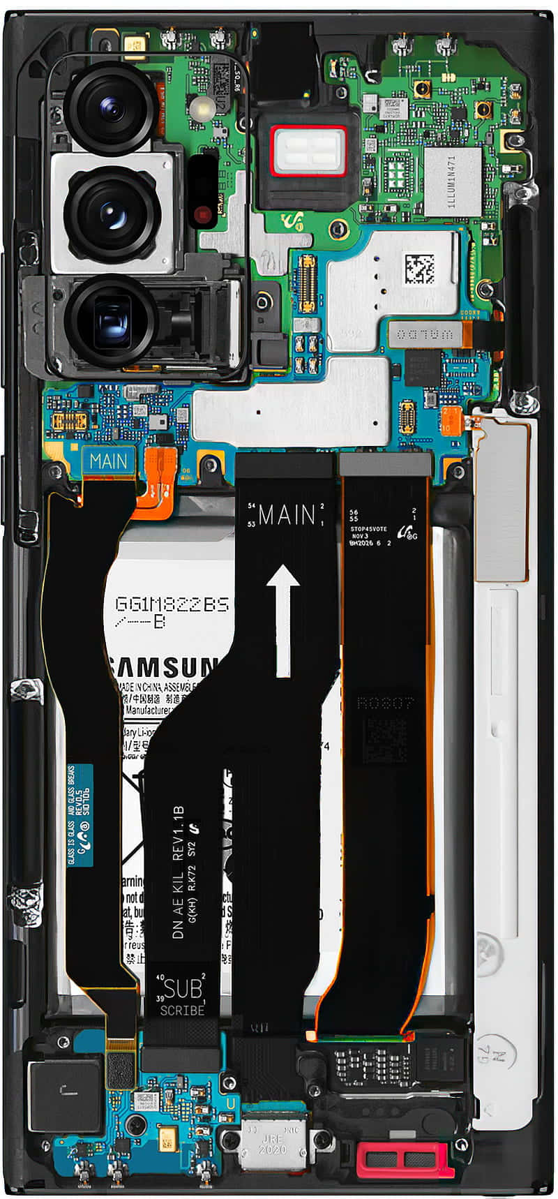 A phone with its internal parts exposed. Wallpaper
