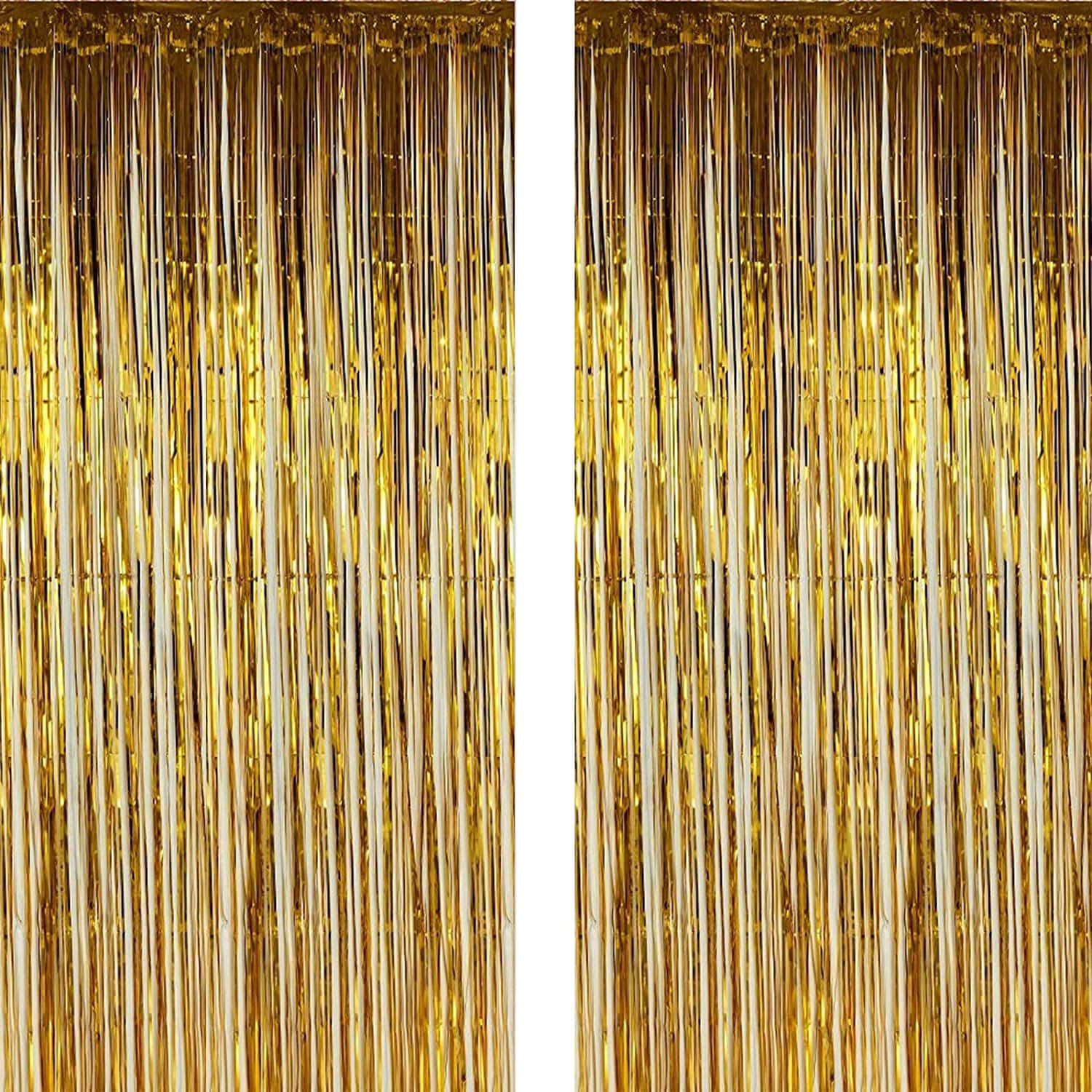 Two Gold Curtain Panels With A Gold Stripe