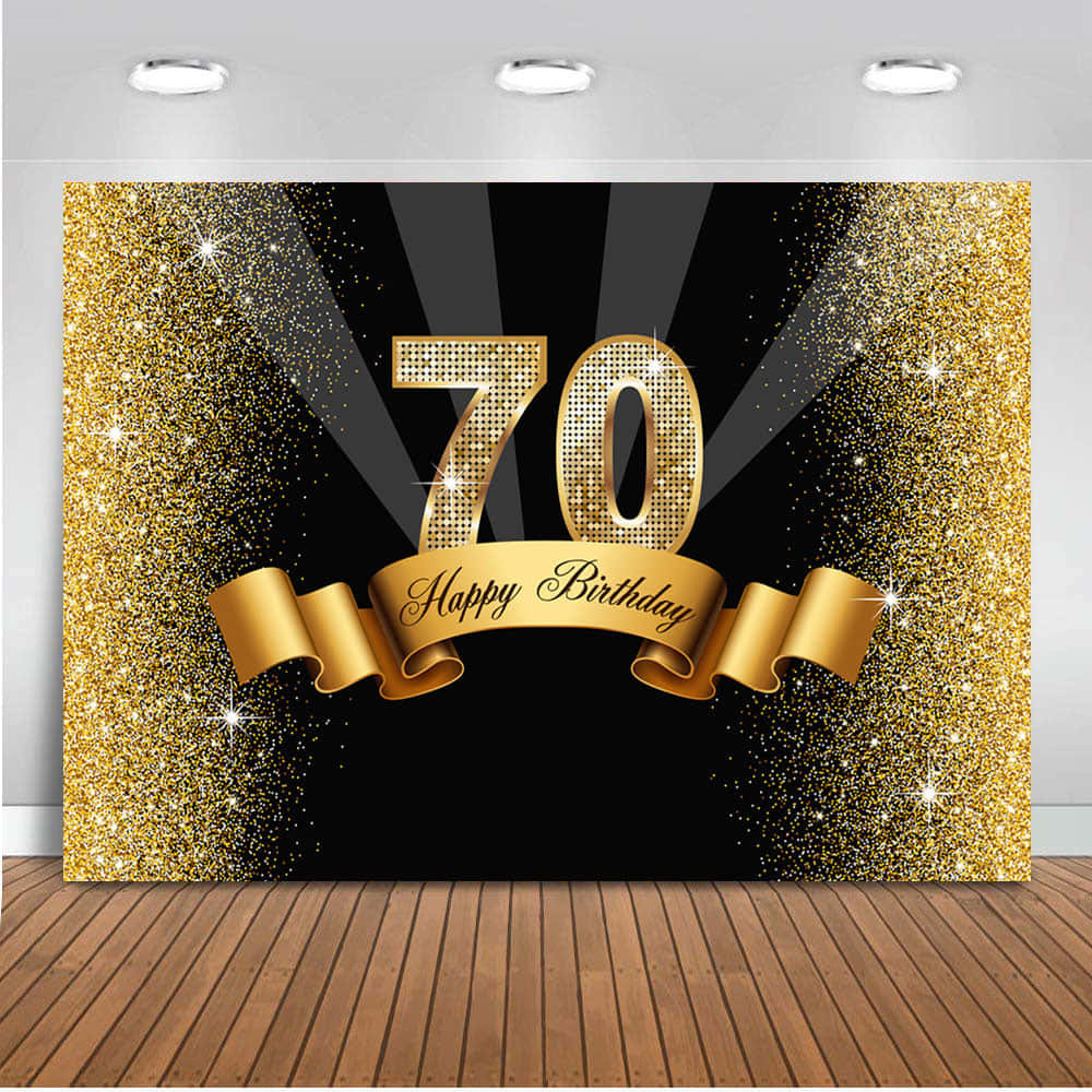 70th Birthday Party Backdrop With Gold Glitter And Ribbon