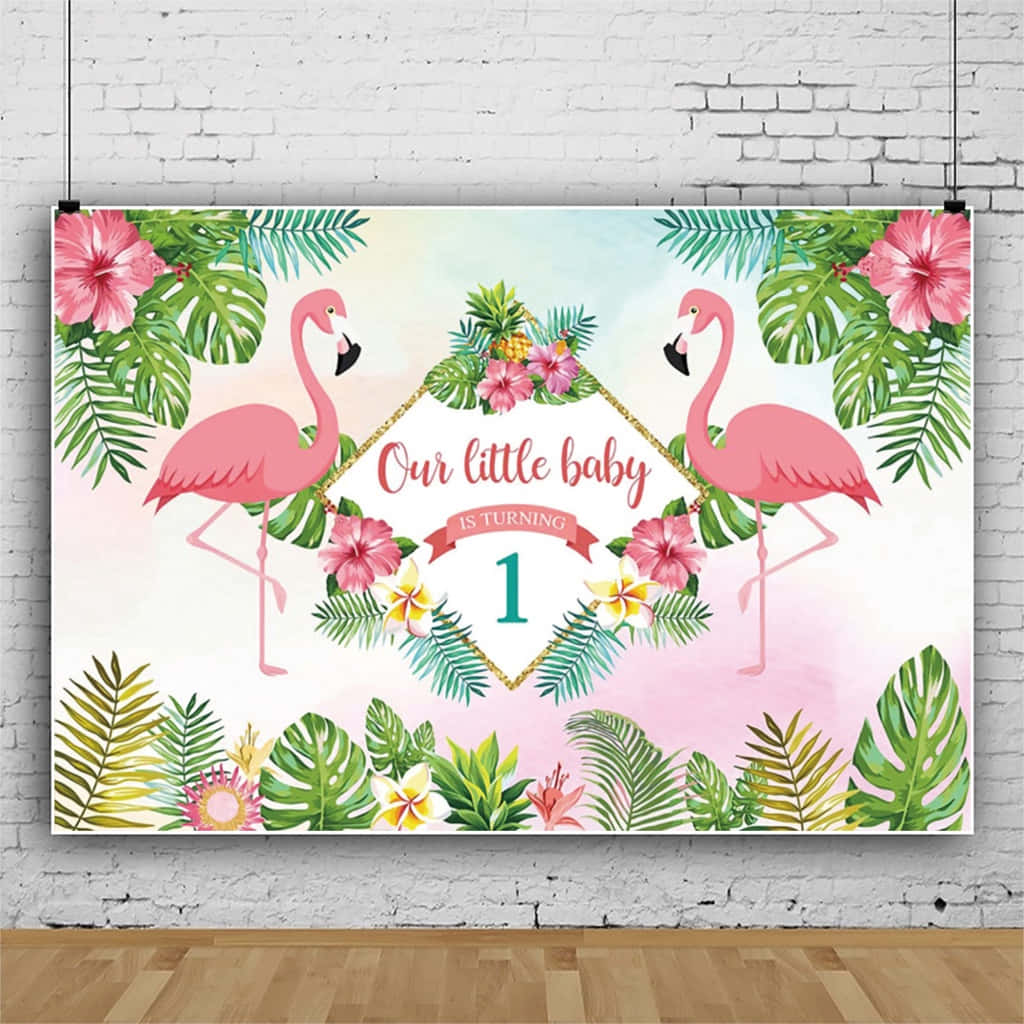 Flamingo Baby Shower Backdrop With Tropical Leaves And Flamingos