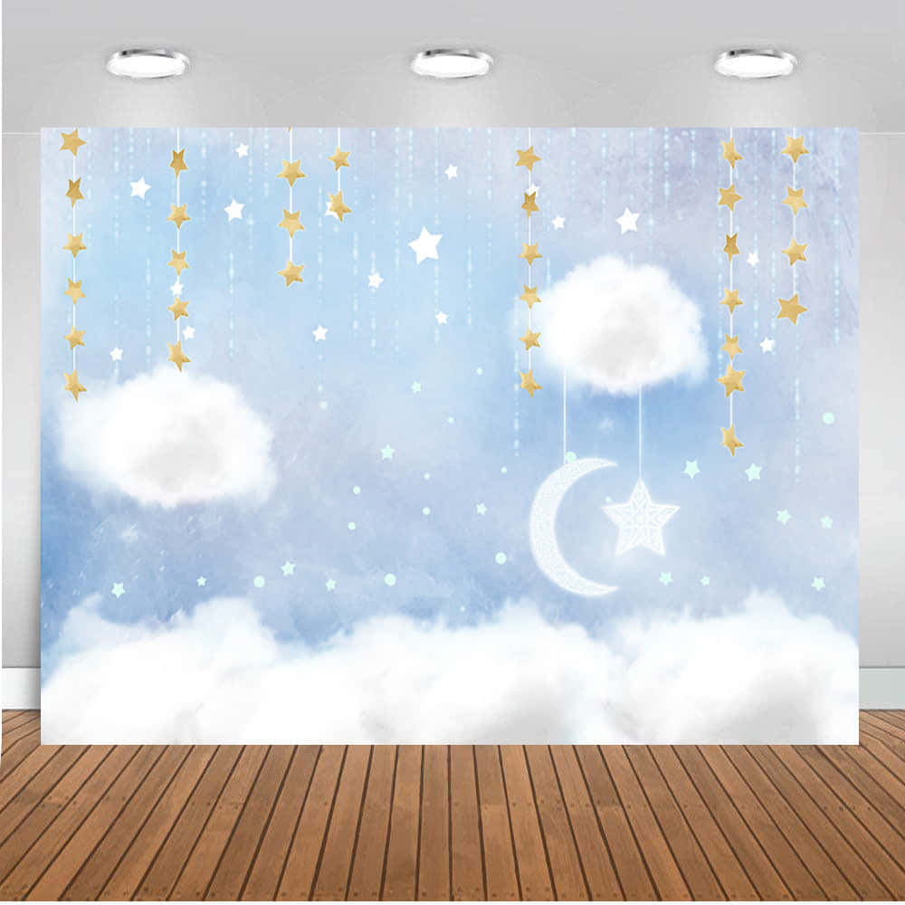 A Blue And White Backdrop With Stars And Clouds