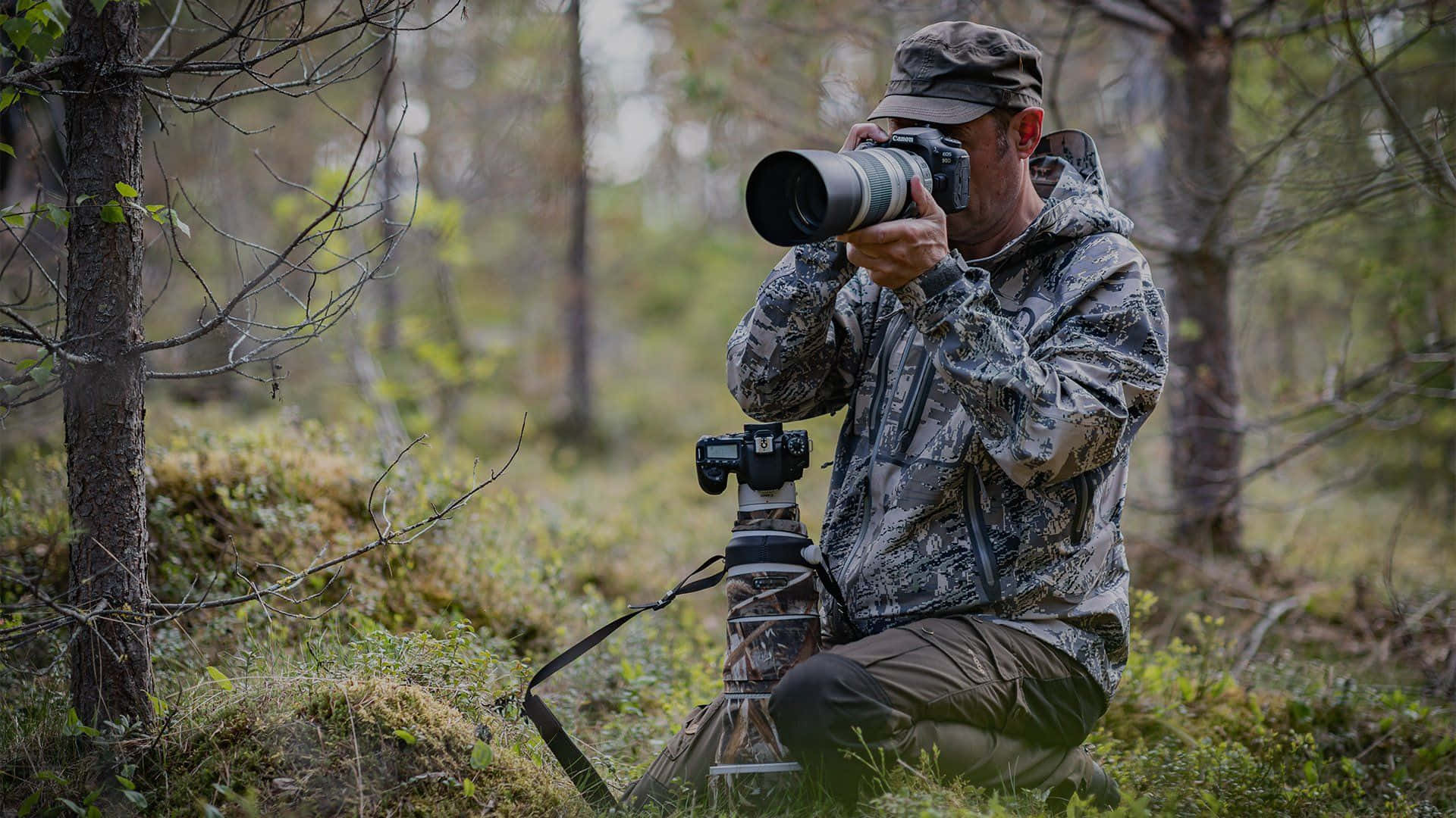A Man In Camouflage Is Taking Pictures In The Woods
