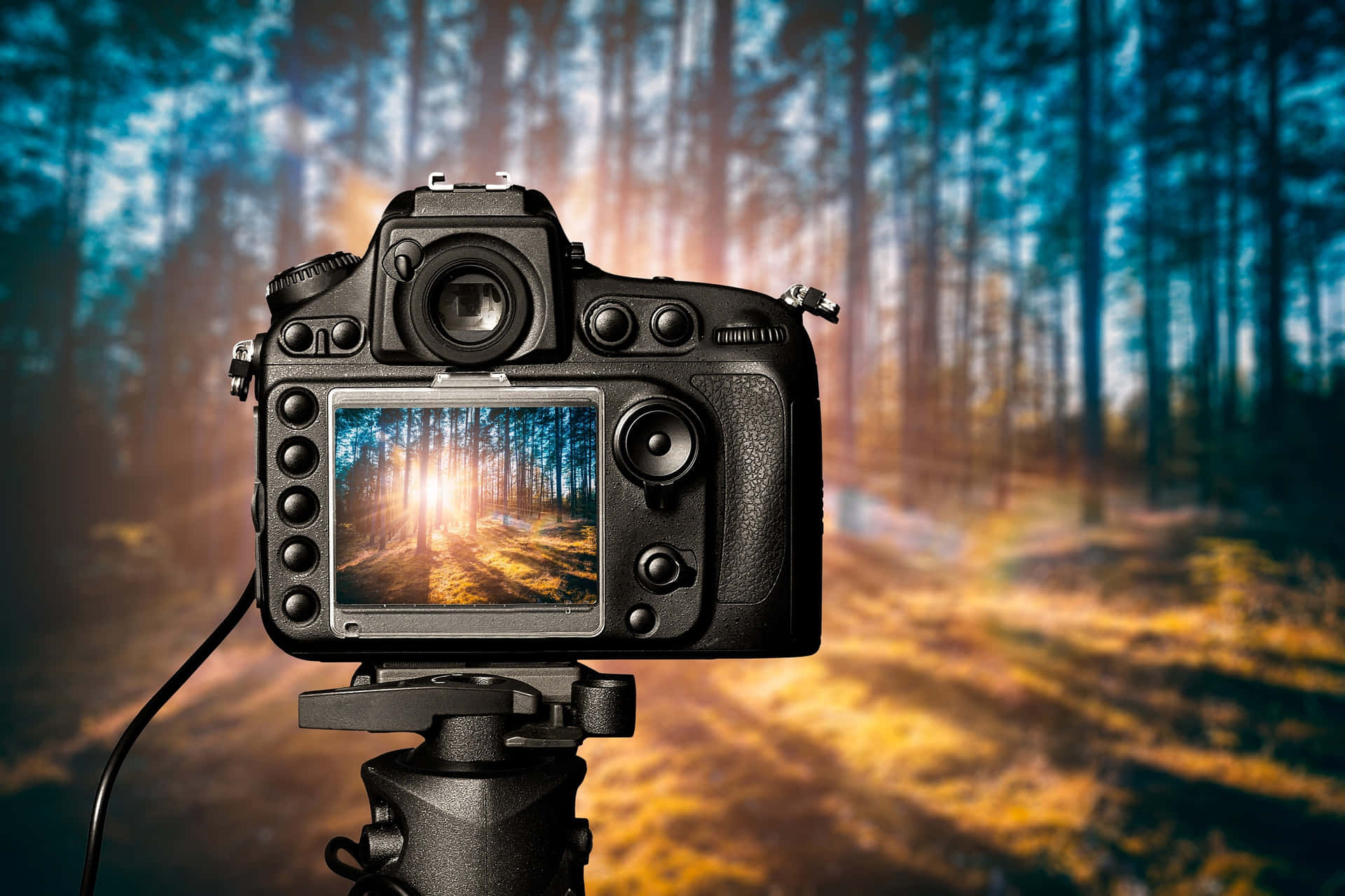 Photography Camera In Blue Forest Wallpaper