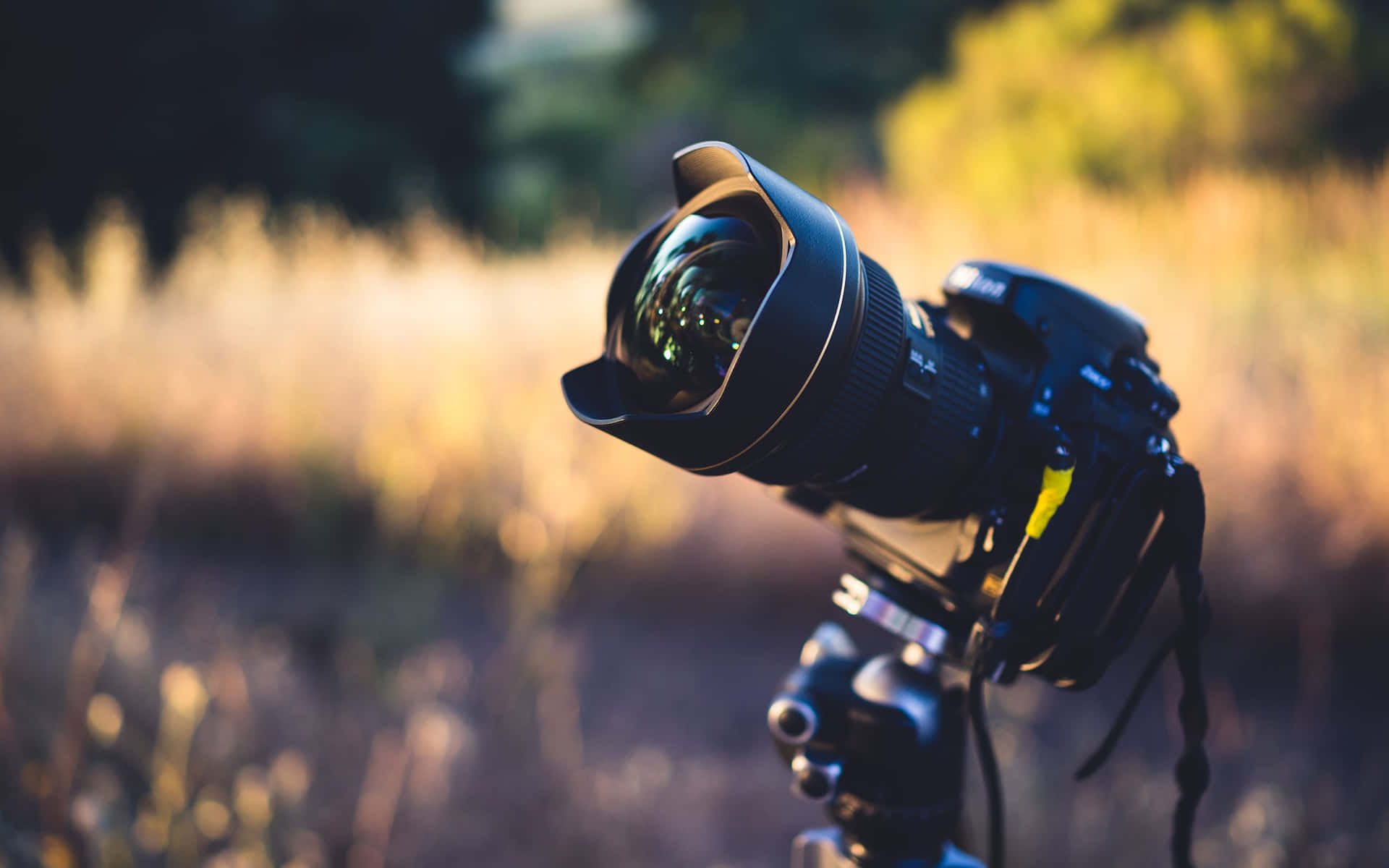 A Camera Lens Is Sitting On A Tripod In The Field