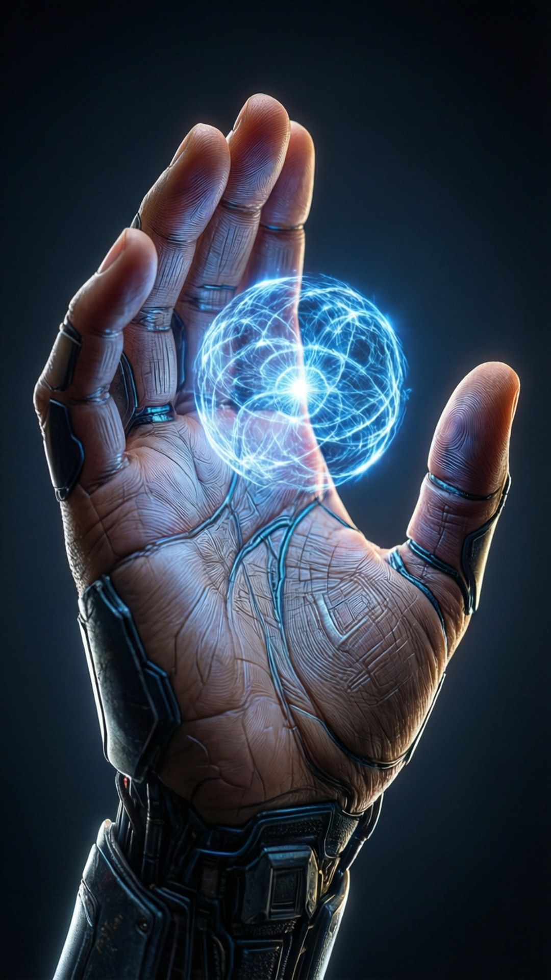 Close-up van Symmetra's hand die een gloeiende fotonenbol vormt.
