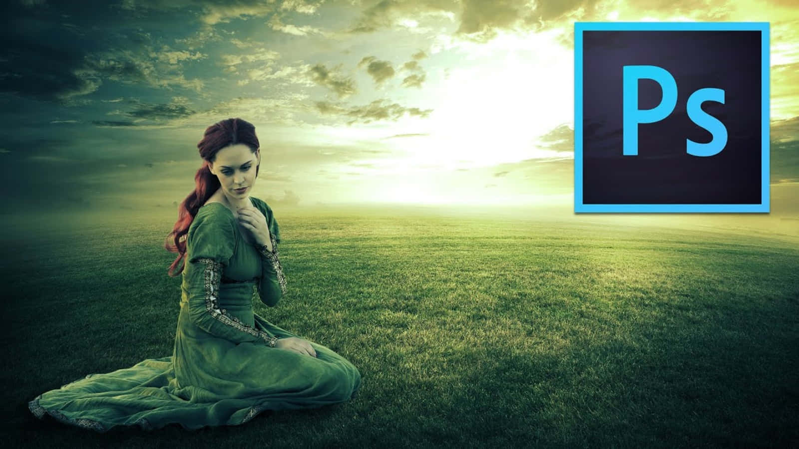 A Woman In Green Sitting On A Field With The Word Photoshop