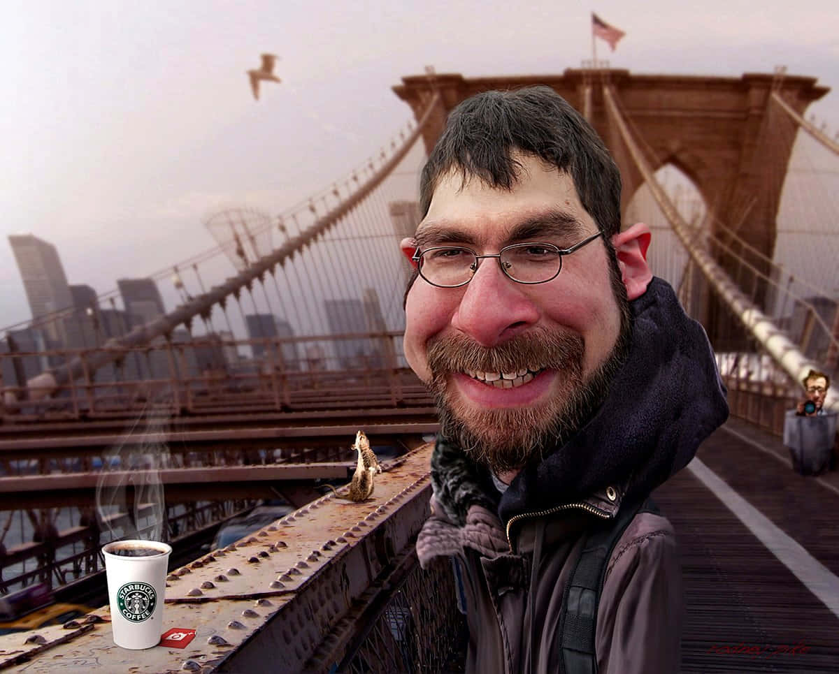 A Man With Glasses And A Coffee Cup On A Bridge