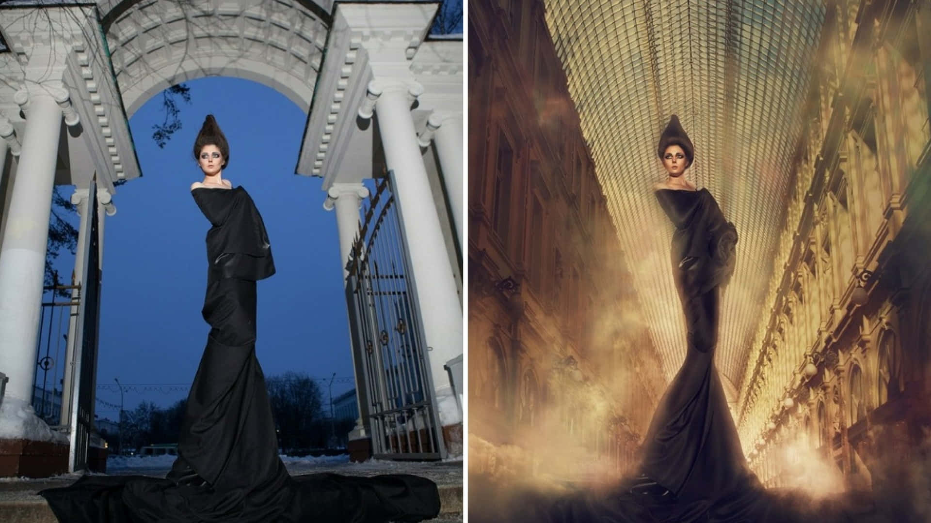 Two Pictures Of A Woman In A Black Dress