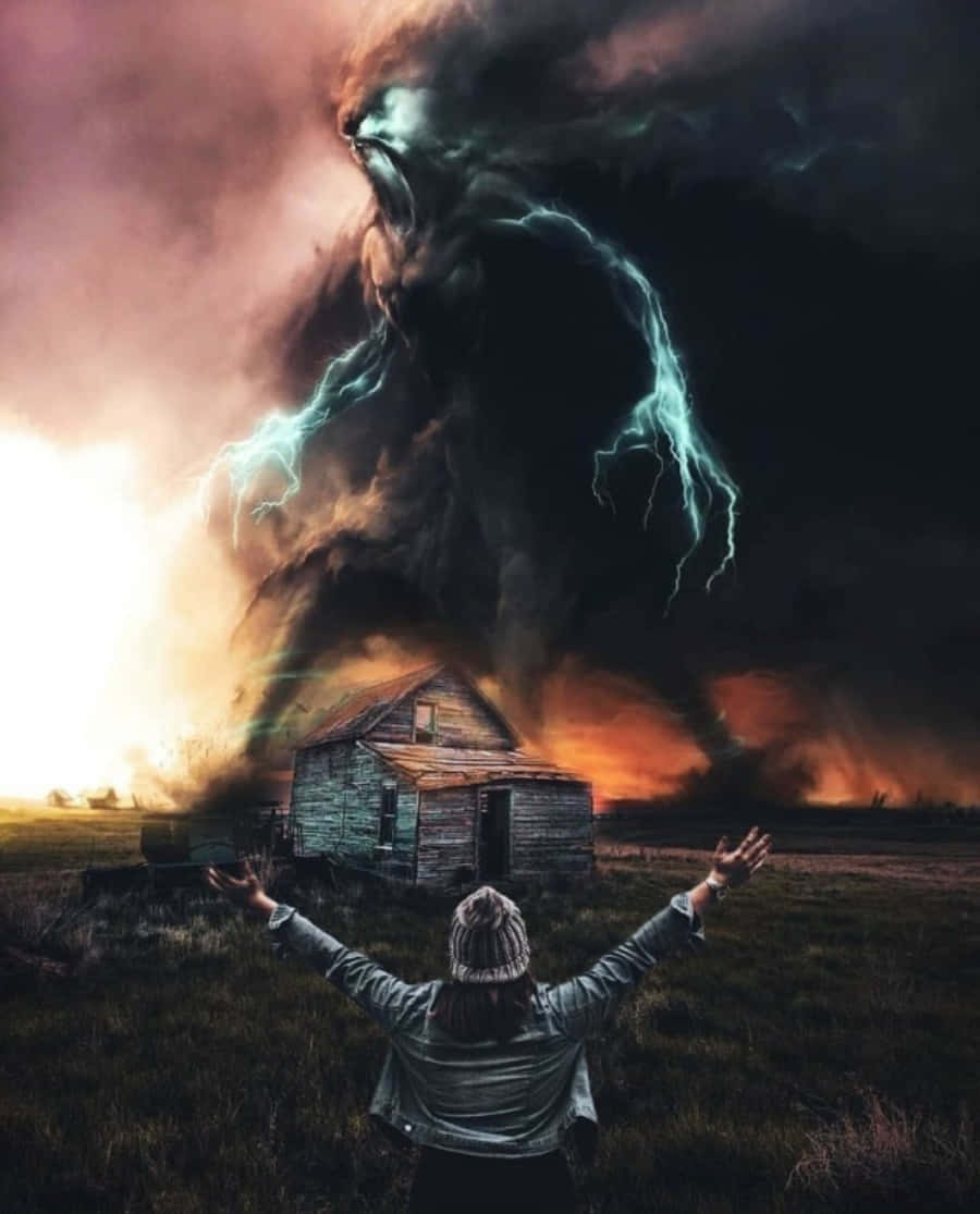 A Man Standing In Front Of A House With Lightning Coming From It