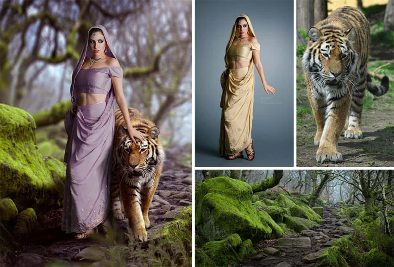 A Woman In A Dress And A Tiger In The Forest