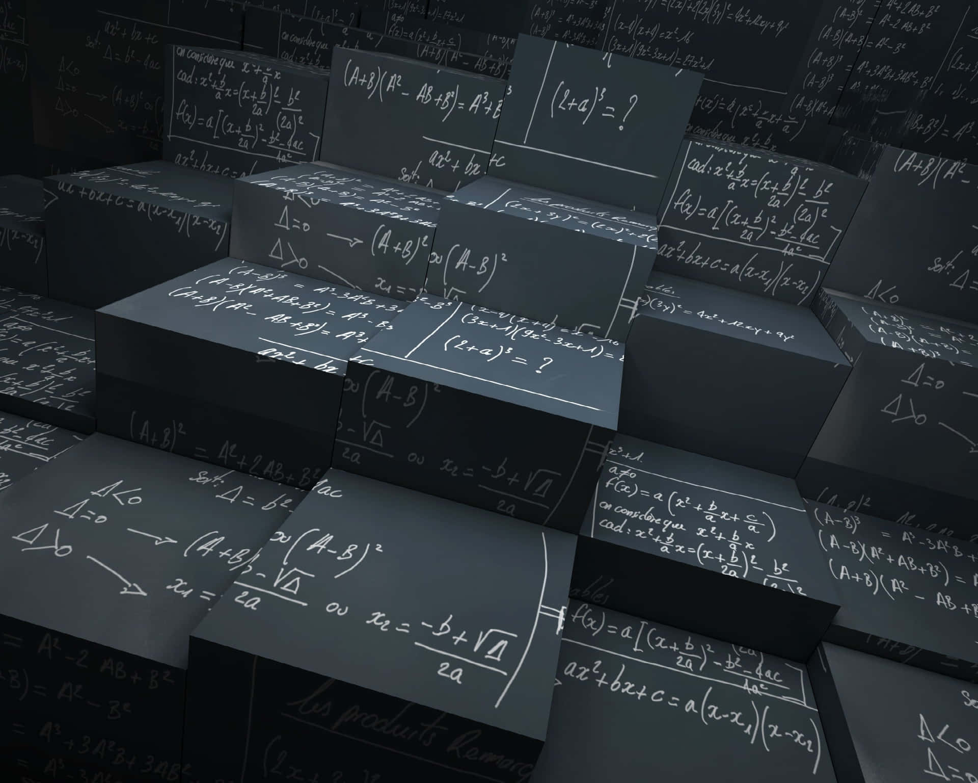 Physics Cubes Formulas Wallpaper — Stacked dark gray blocks covered in glowing white mathematical equations and formulas in a dimly lit abstract scene.