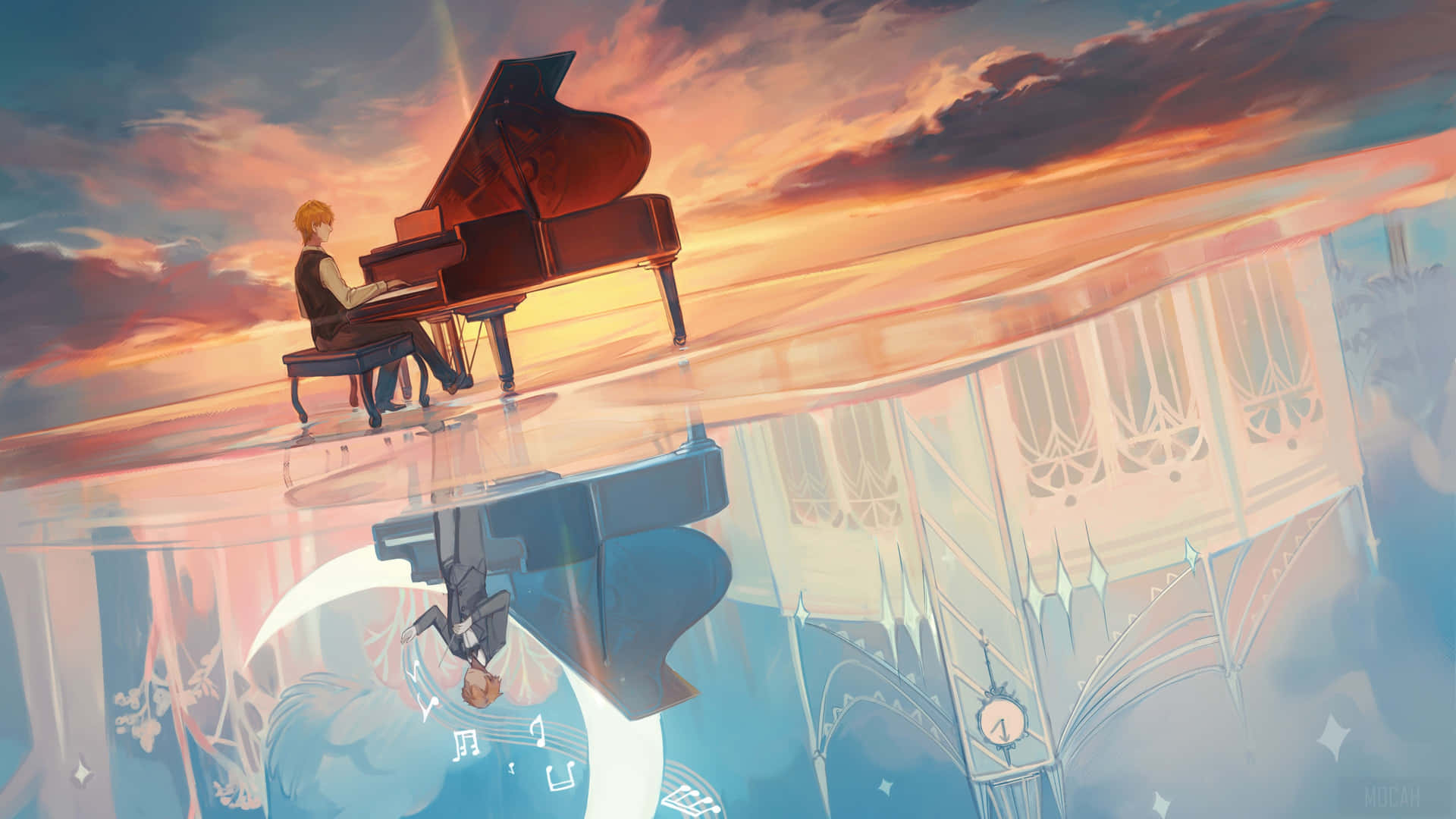 a man playing a piano in the water