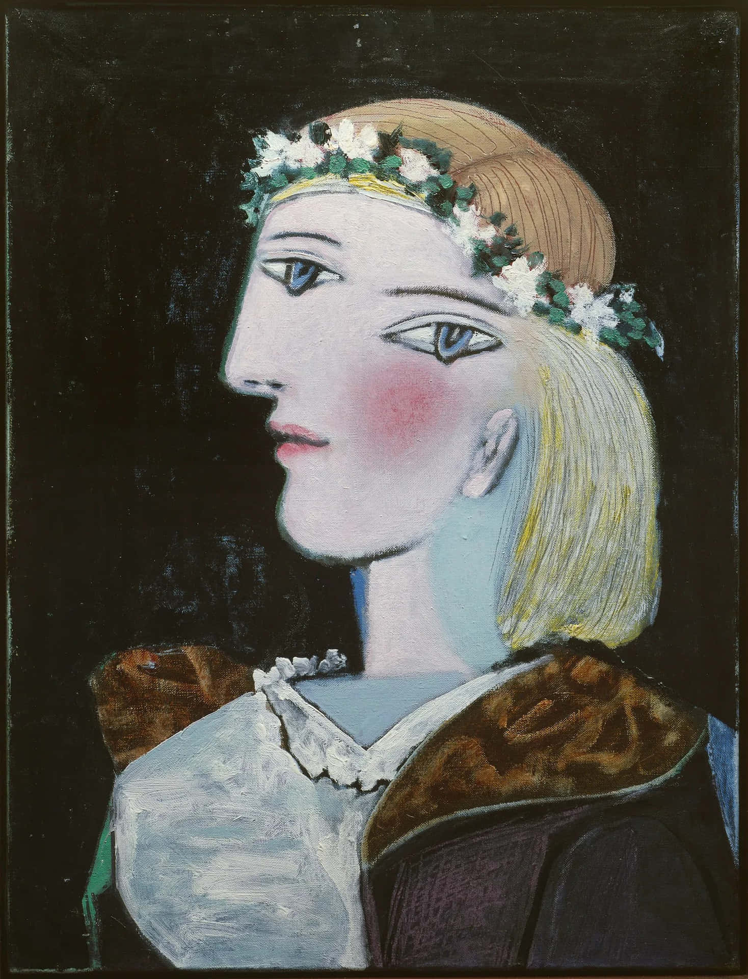 Picasso Painted Portraitofa Womanwith Floral Crown Wallpaper