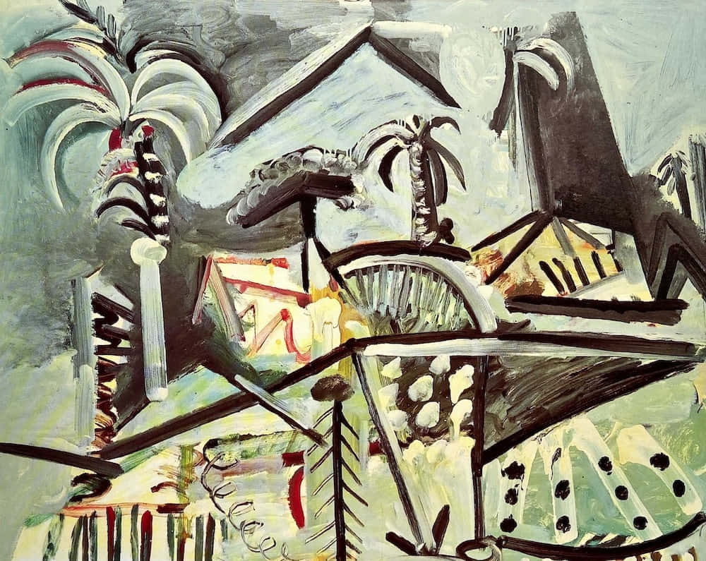 A Painting Of A City With Palm Trees And Buildings