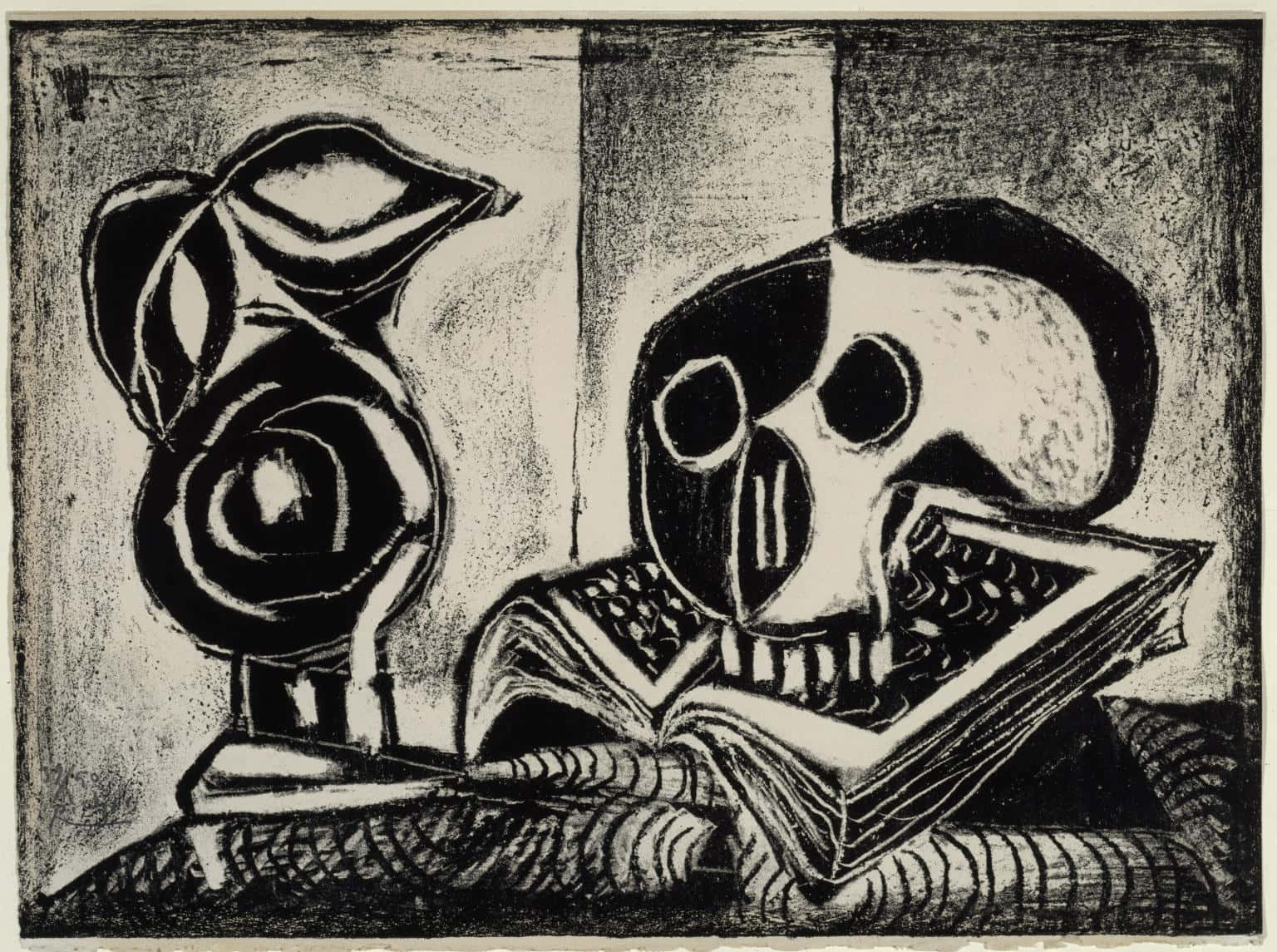 A Black And White Drawing Of A Skull And A Vase