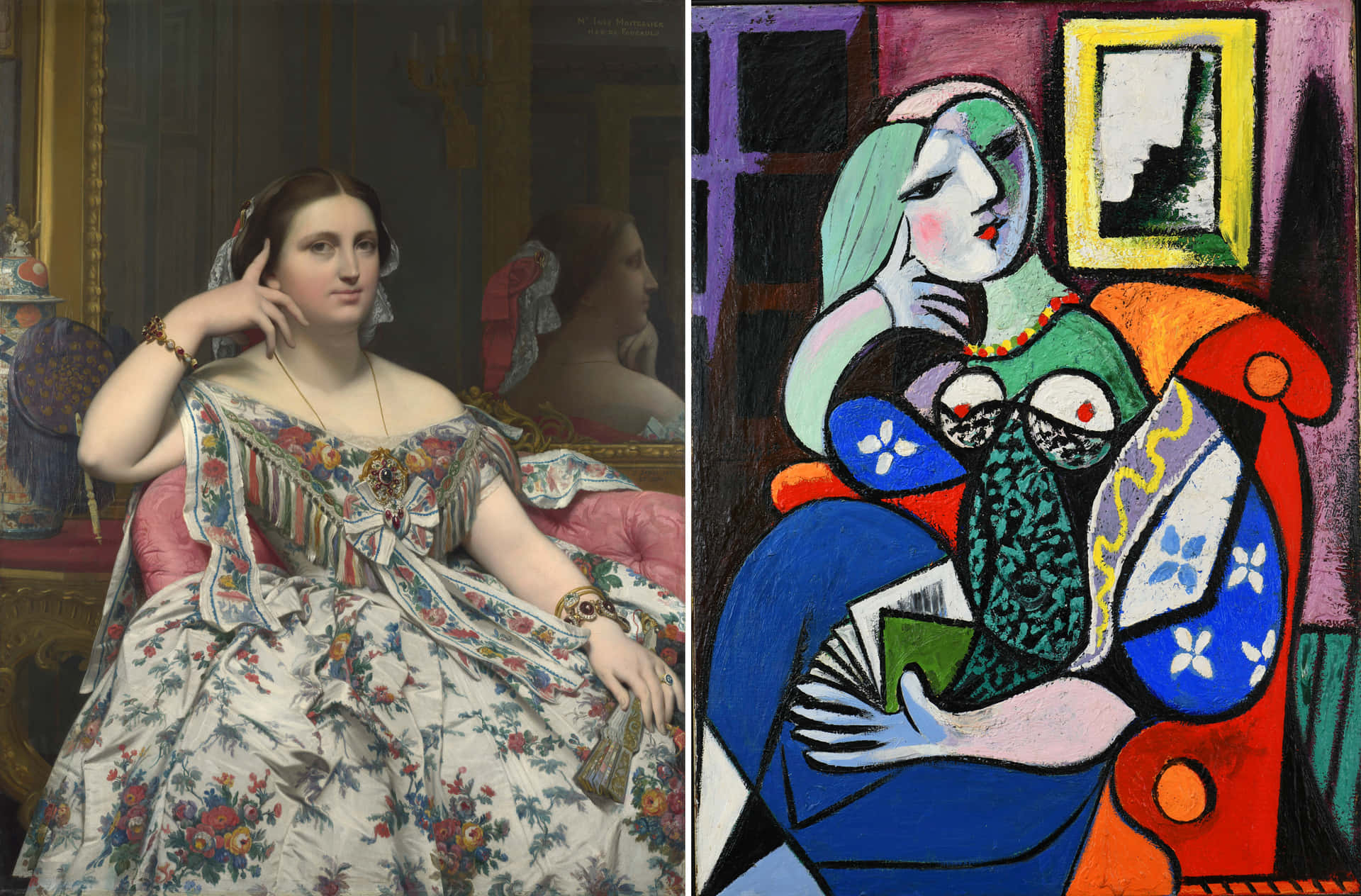 Two Paintings Of A Woman In A Dress And A Man