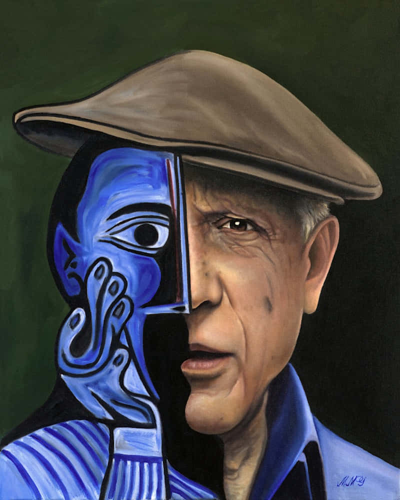 A Painting Of A Man With A Hat And Blue Face
