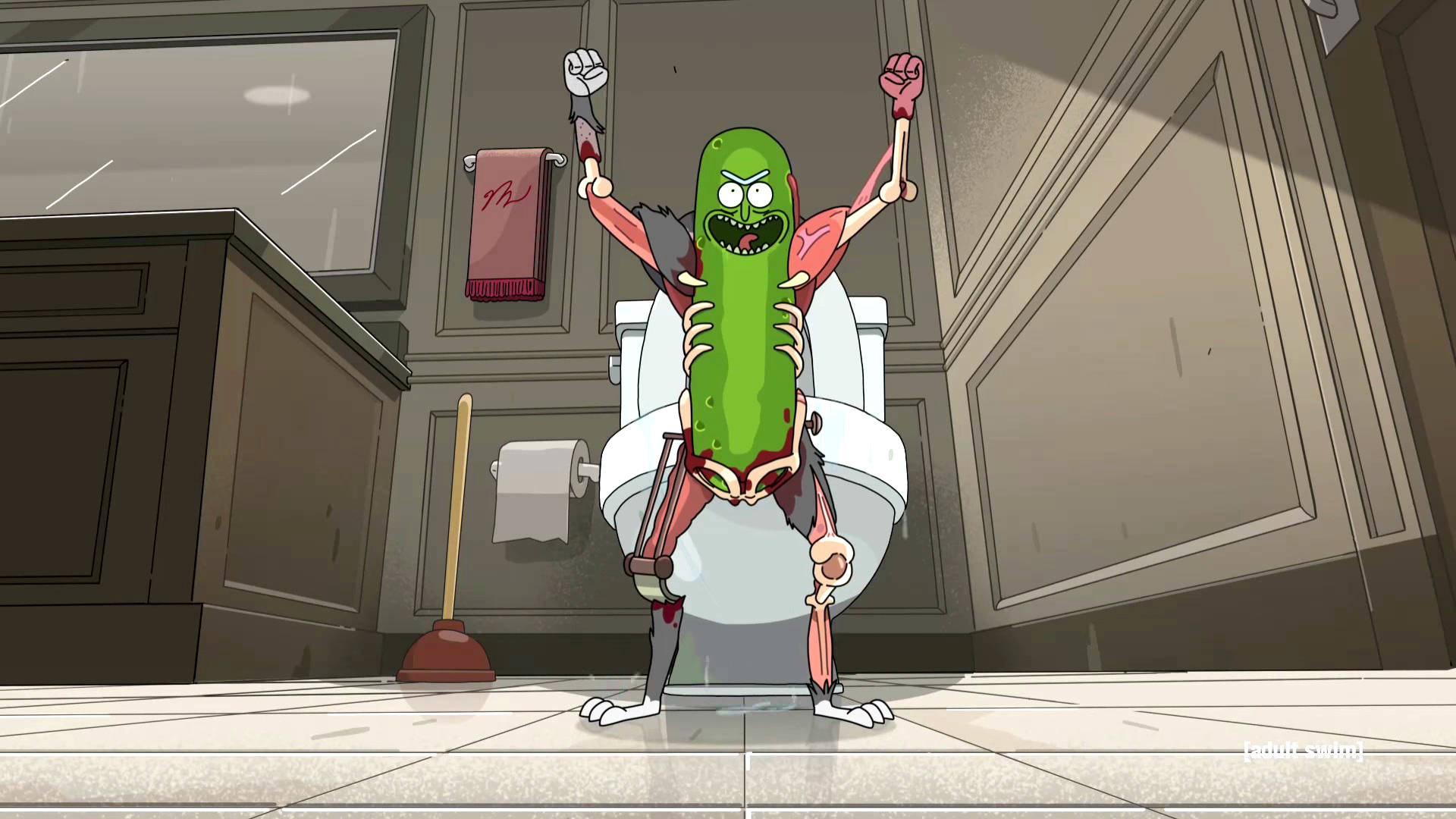 Pickle Rick In The Bathroom Background