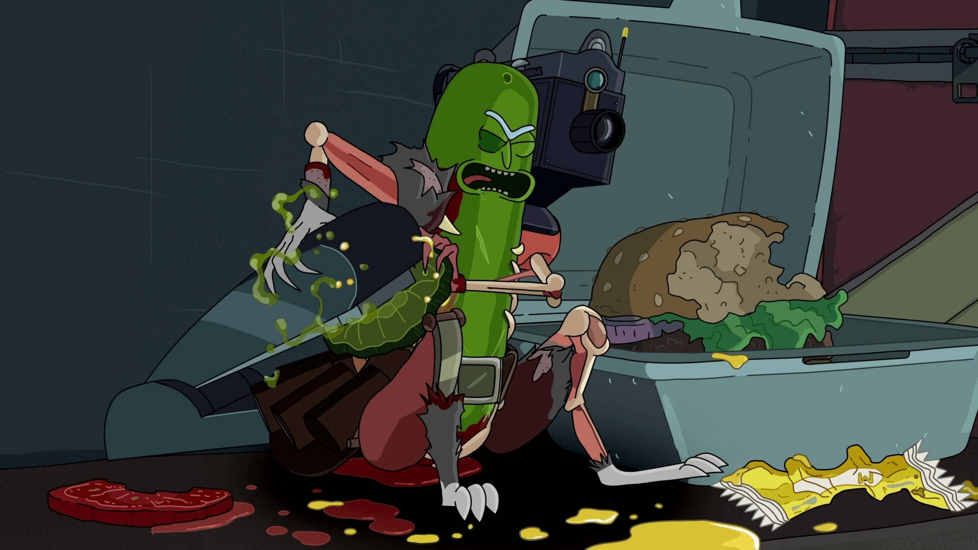 Pickle Rick Sitting Beside A Sandwich Background