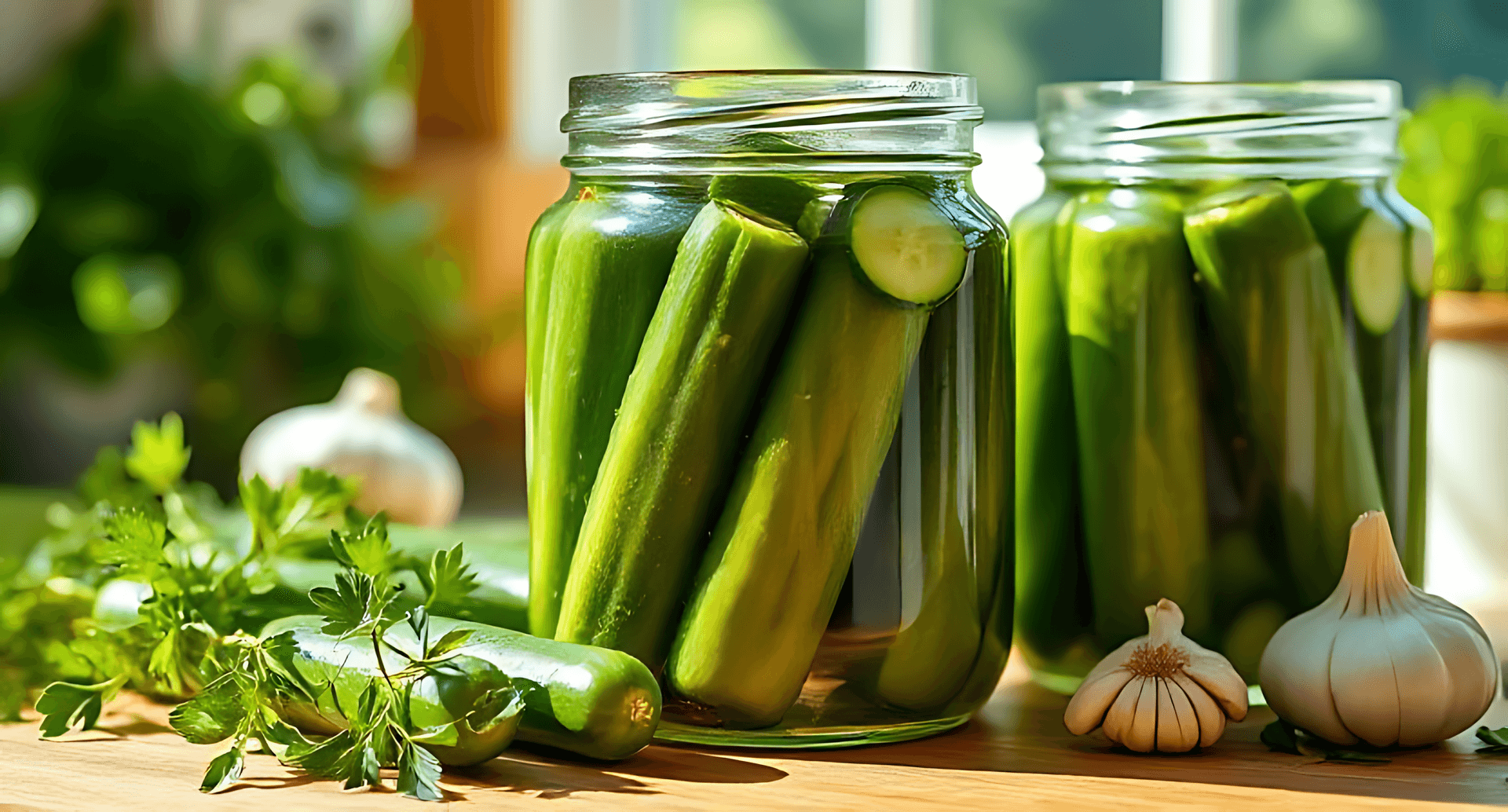 Pickled Cucumbers In Glass Jars On Wooden Table With Garlic And Herbs Wallpaper