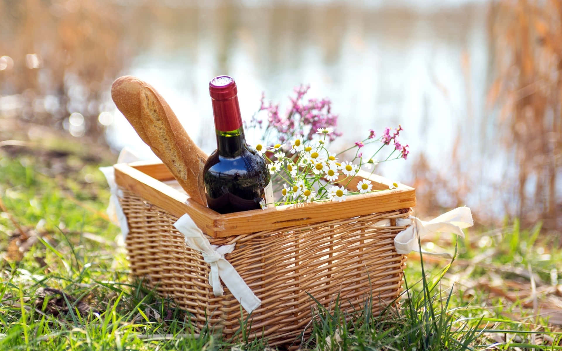 Picnic Basket With Wine&Flowers Wallpaper