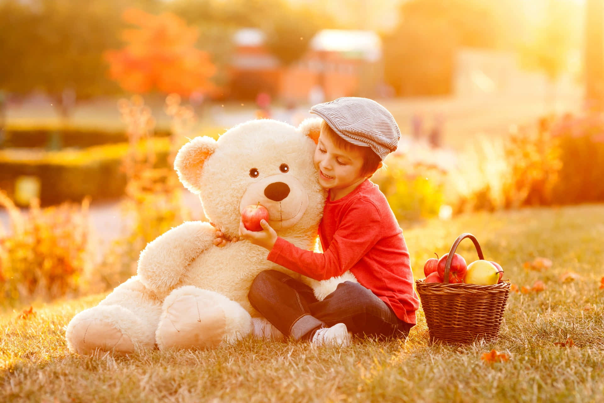 Boy Hugging Bear With Picnic Basket Picture