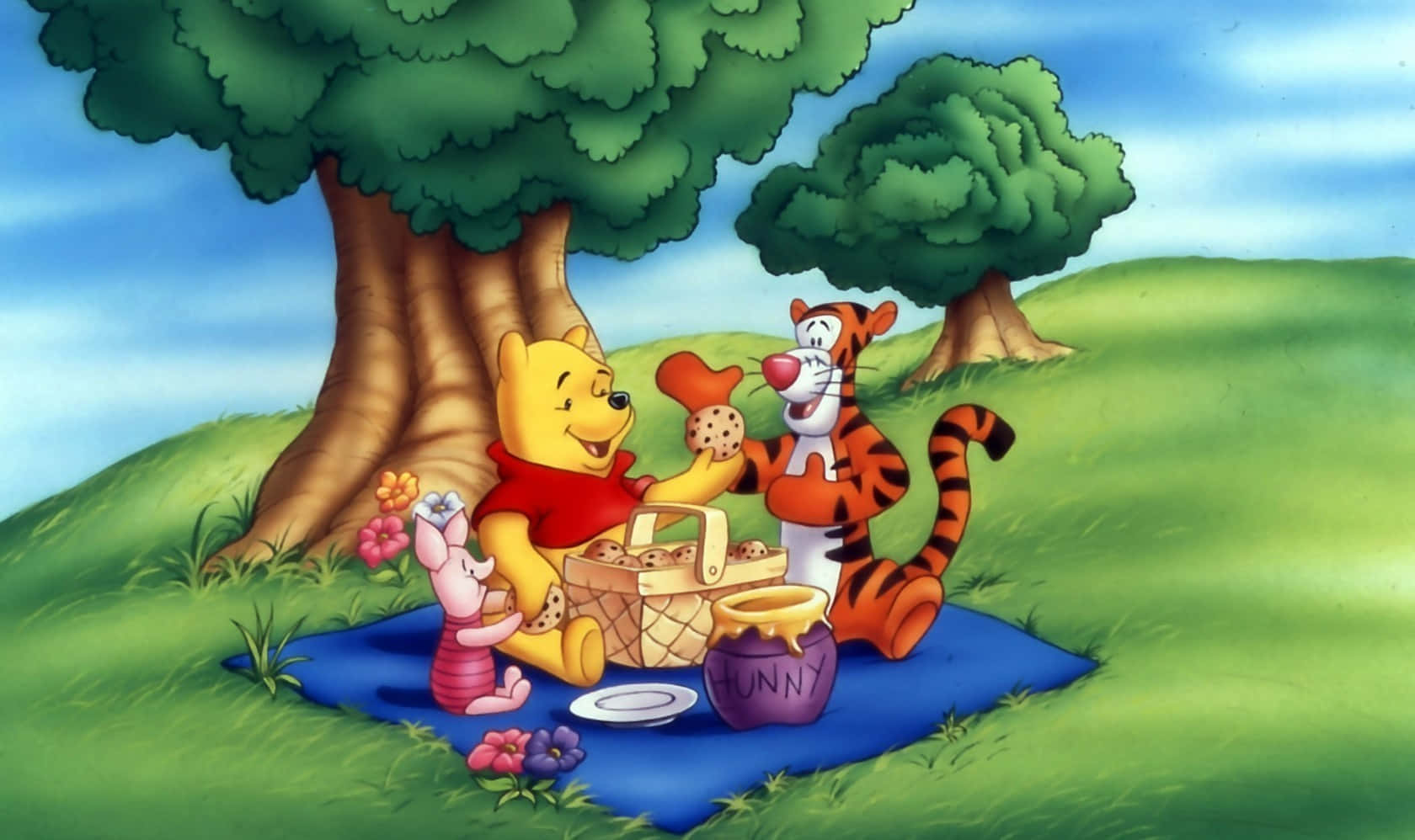 Winniethe Pooh, Tigre Y Piglet En Un Picnic. Fondo de pantalla
