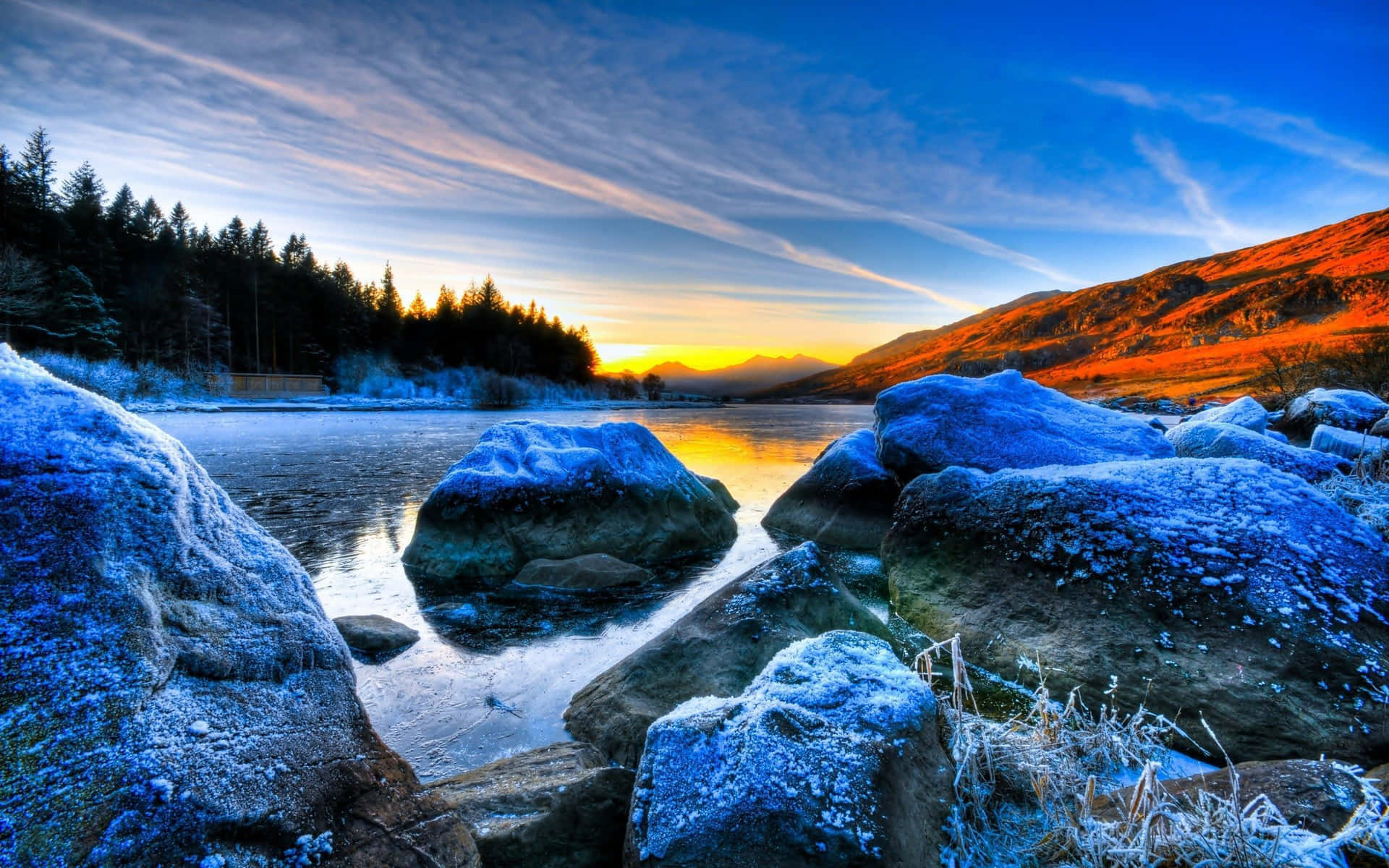 Enchanting mountain landscape with a serene lake at sunset Wallpaper