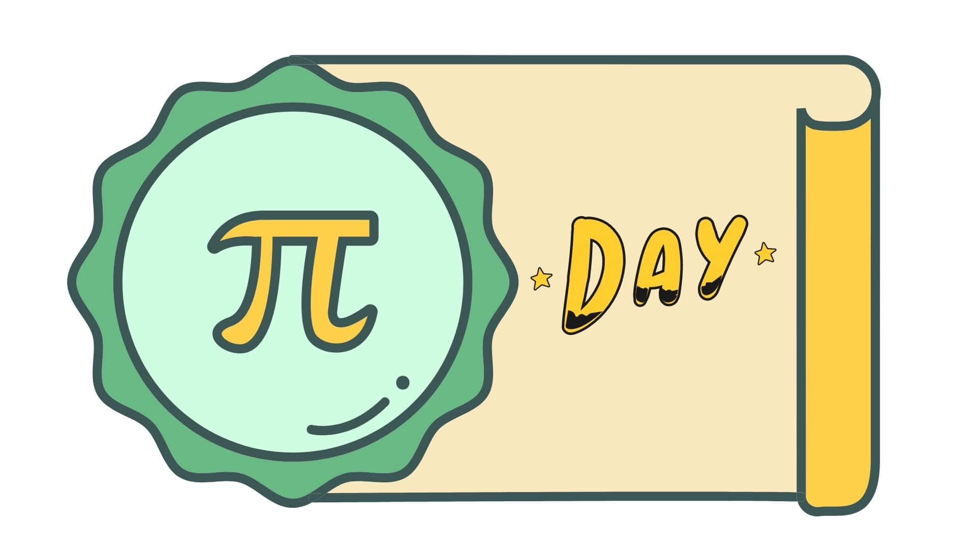 pi day Wallpaper — A cheerful cartoon scroll displays a smiling pi symbol in a green badge next to the word 'Day' in bold yellow letters.