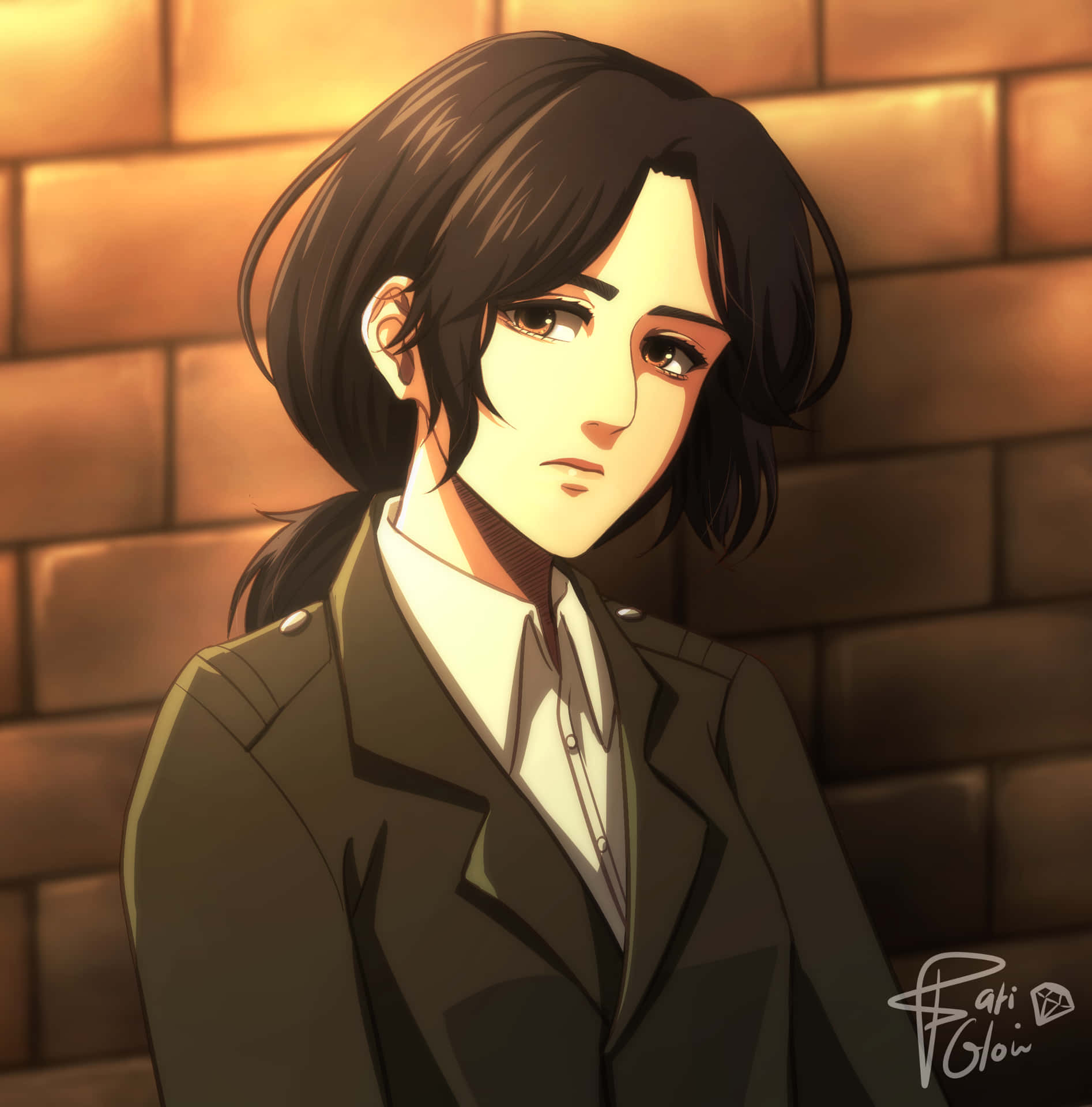 A Girl In A Uniform Leaning Against A Brick Wall Wallpaper